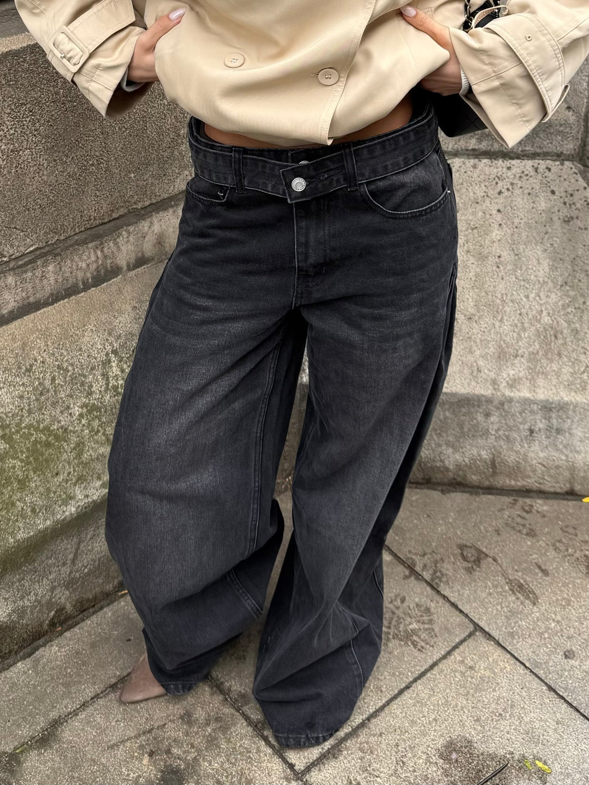 Double Waistband Wide Leg Jeans | Grijs
