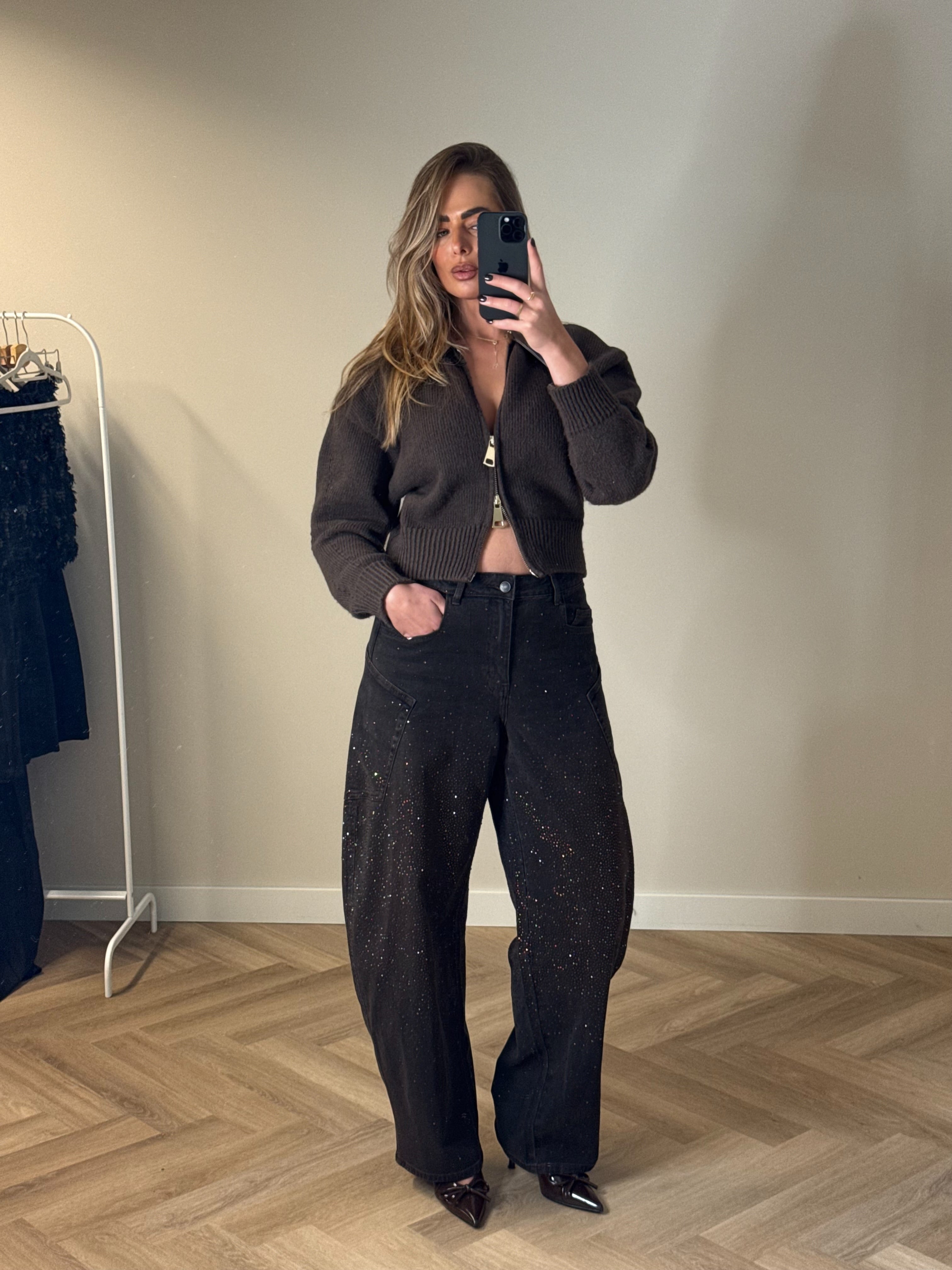 Queen Hearts Balloon Jeans Strass Bruin