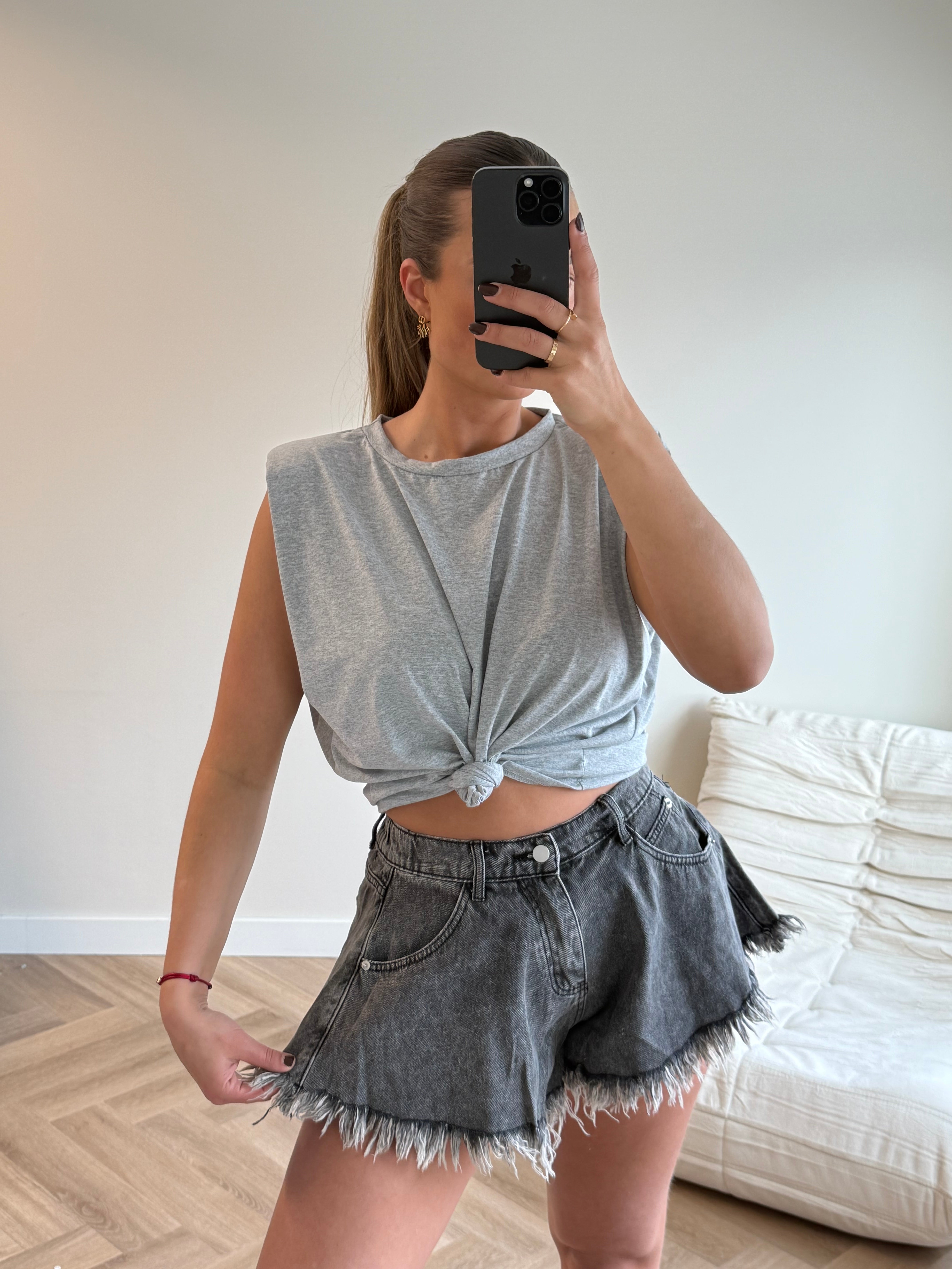 Denim Short Gerafeld Grijs