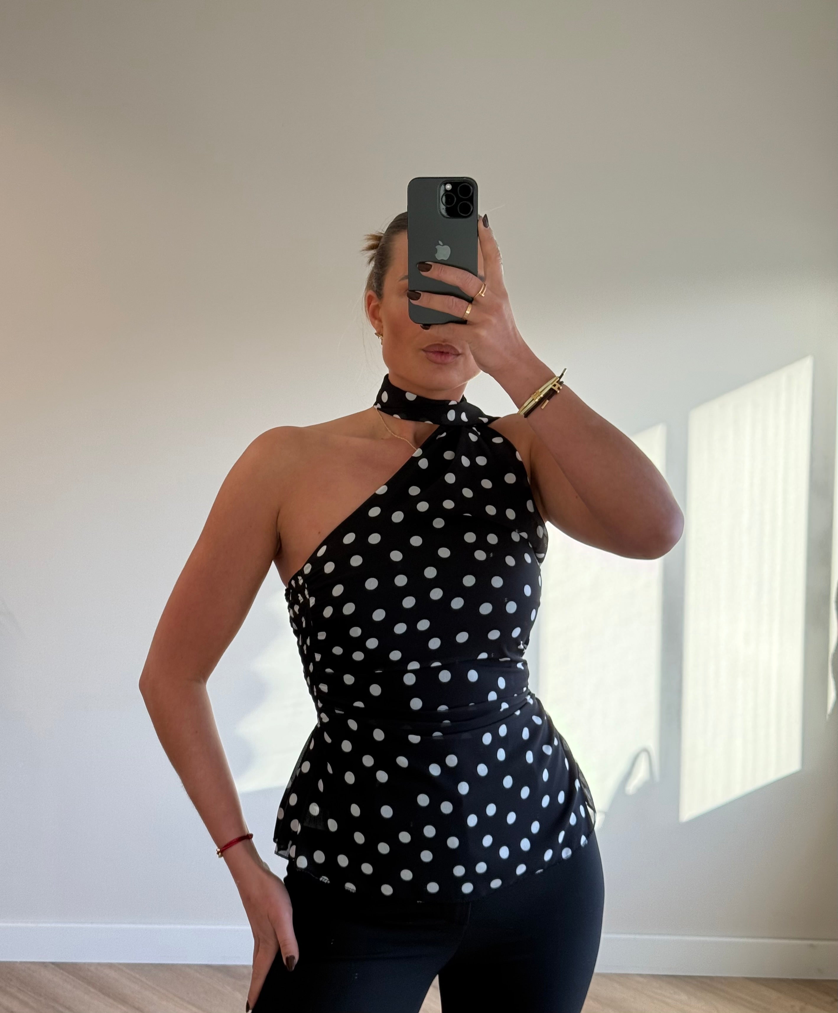 Asymmetrische Halter Top Polkadot | Zwart