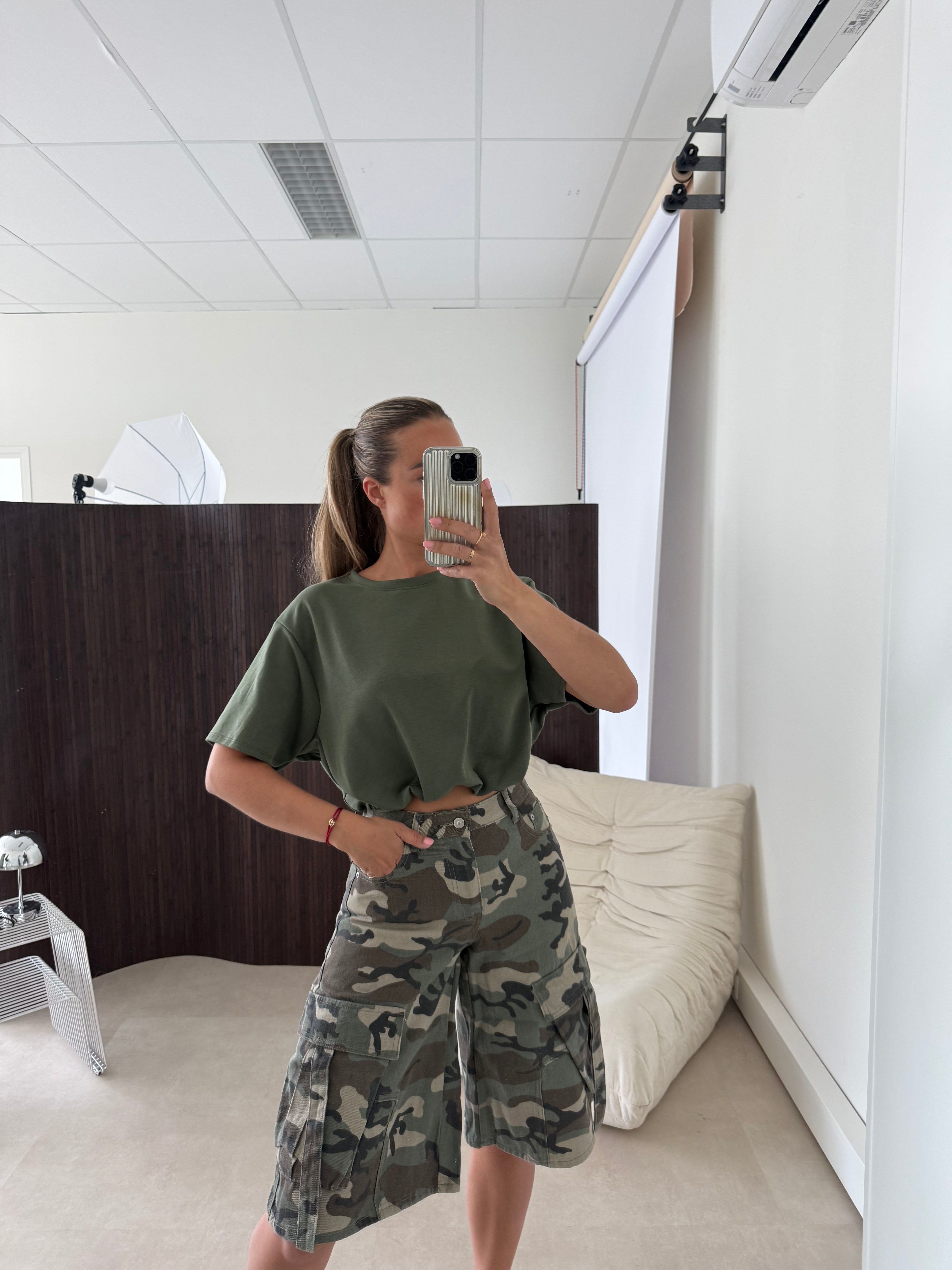 Cropped Stretch T-shirt Army Groen