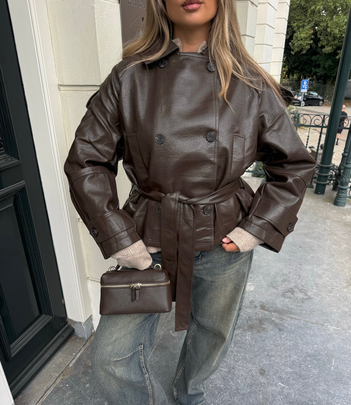 Belted Leather Jacket Brown
