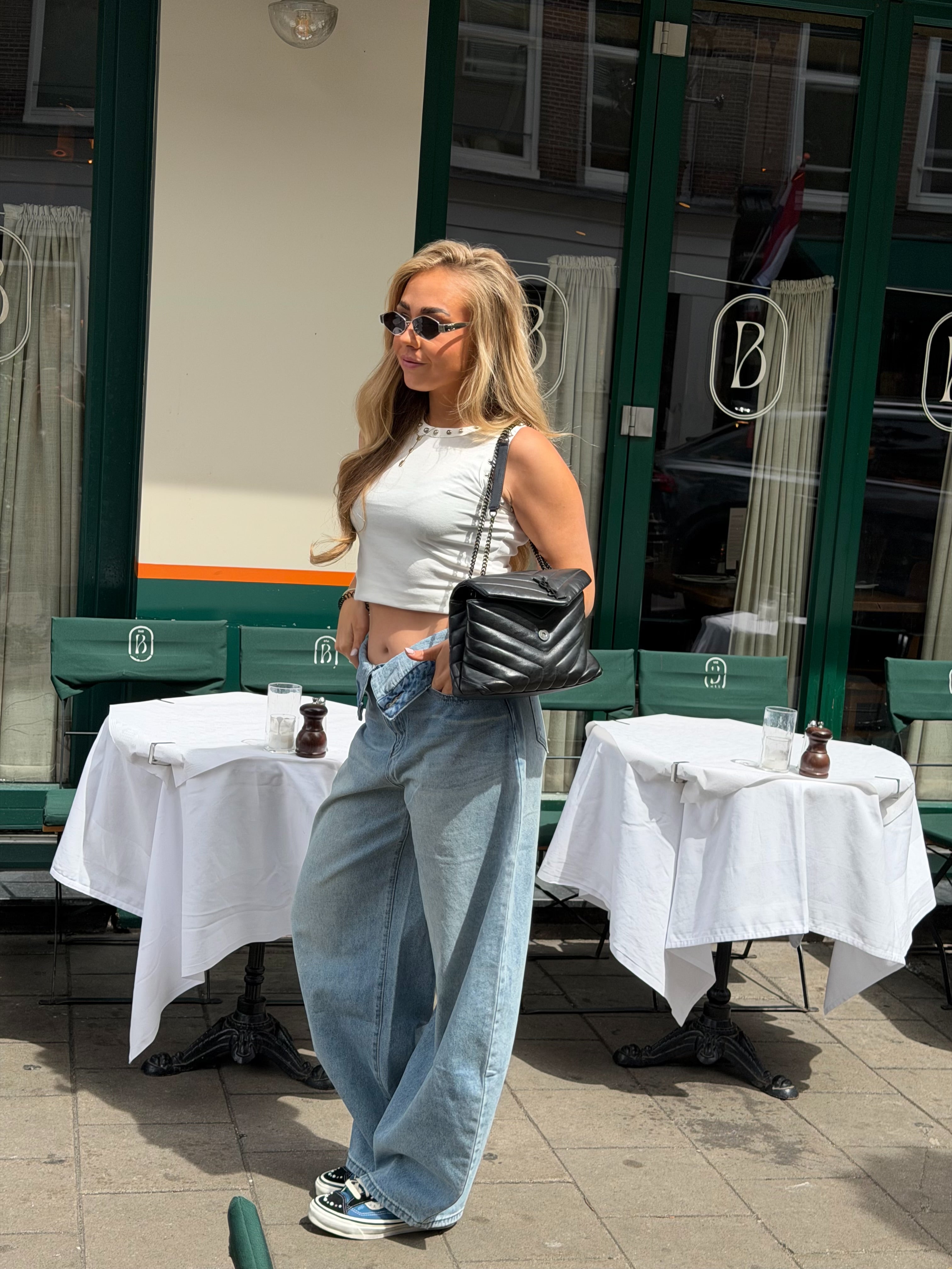 Wide Leg Jeans met Omslag Blauw
