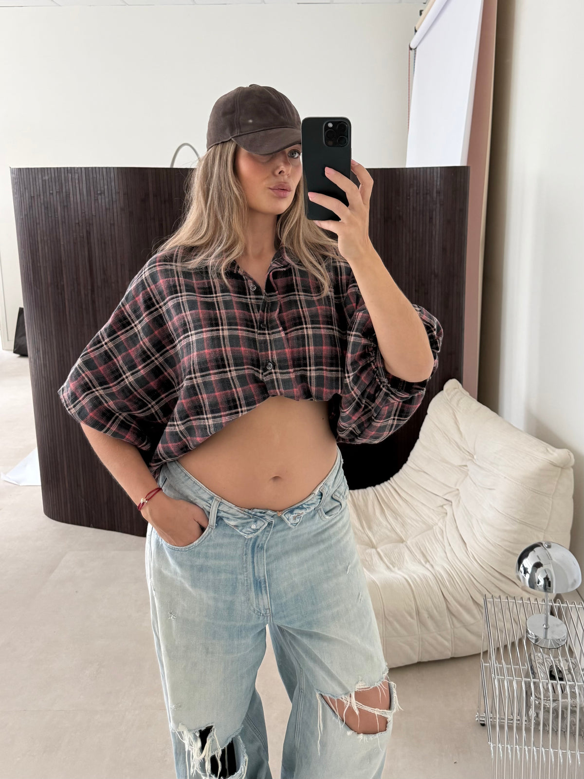 Oversized Flannel Blouse Geruit Roze