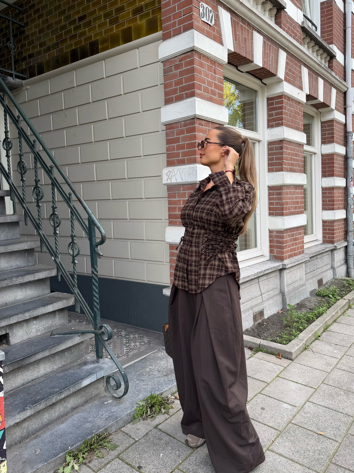 Getailleerde Blouse Geruit Bruin