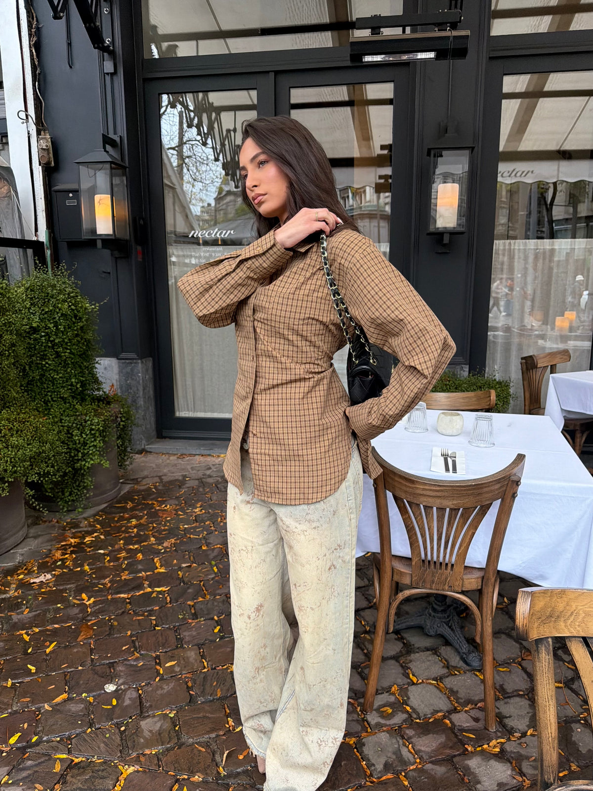 Checkered Blouse Getailleerd Bruin