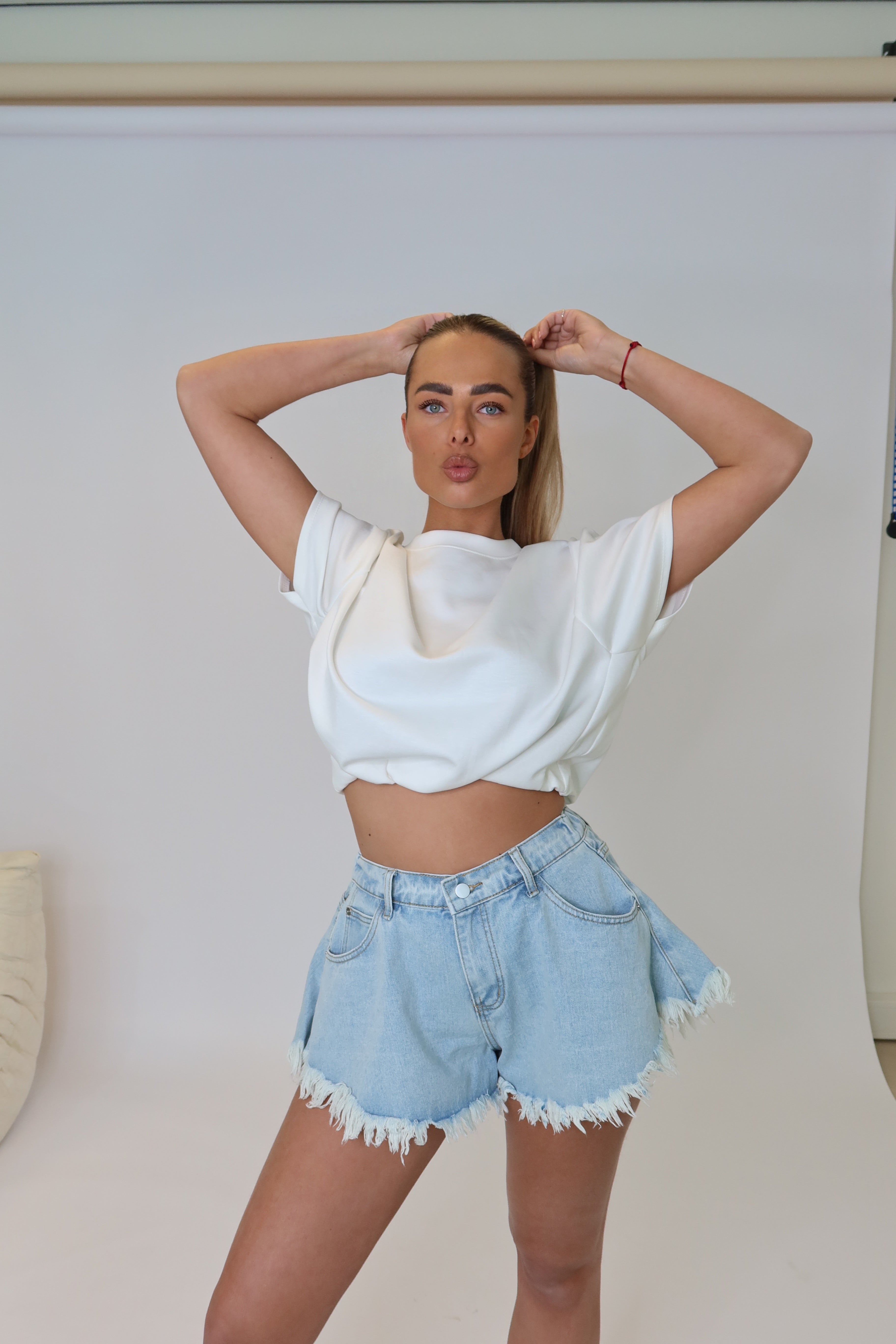 Denim Short Gerafeld Licht Blauw