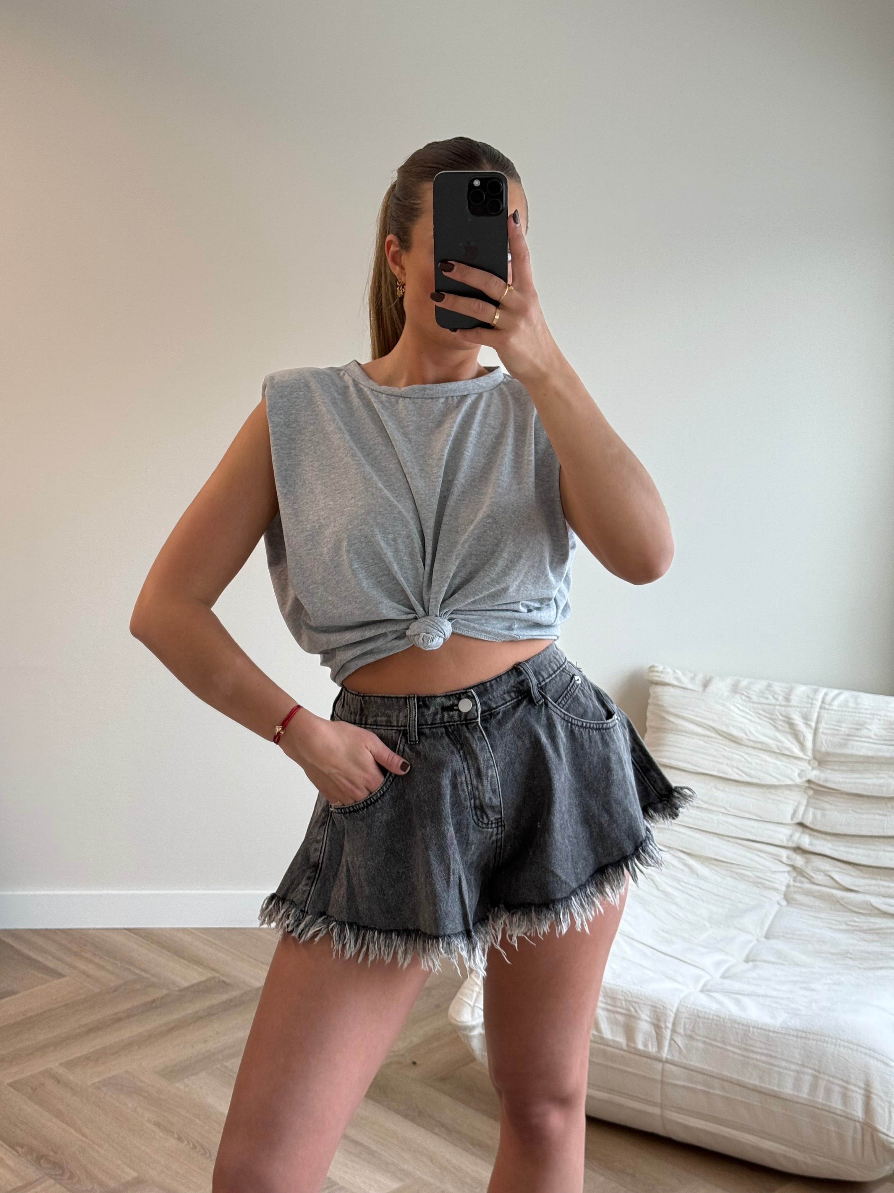 Denim Short Gerafeld Grijs
