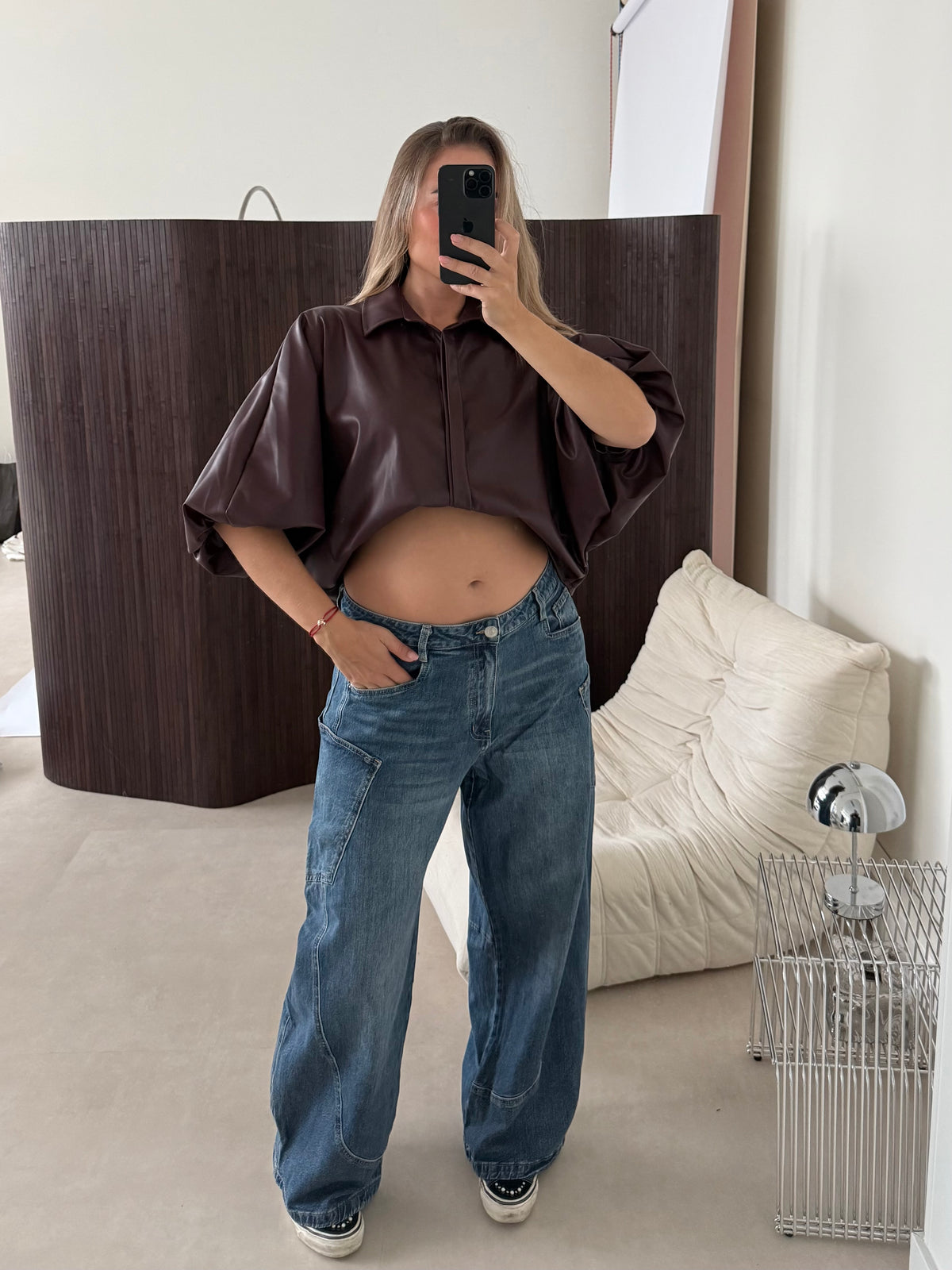 Oversized PU Leather Blouse Burgundy