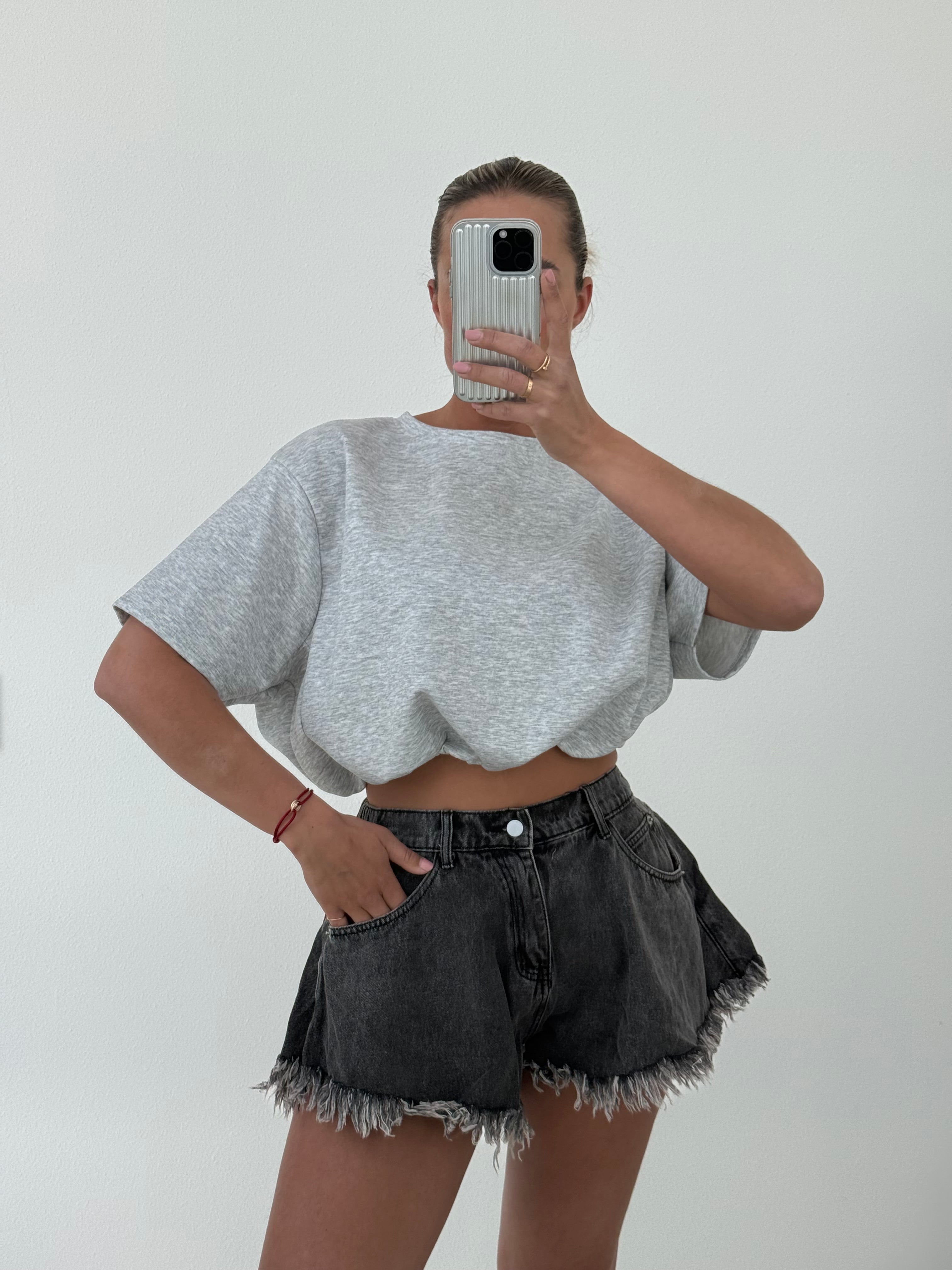 Cropped Stretch T-Shirt Grijs