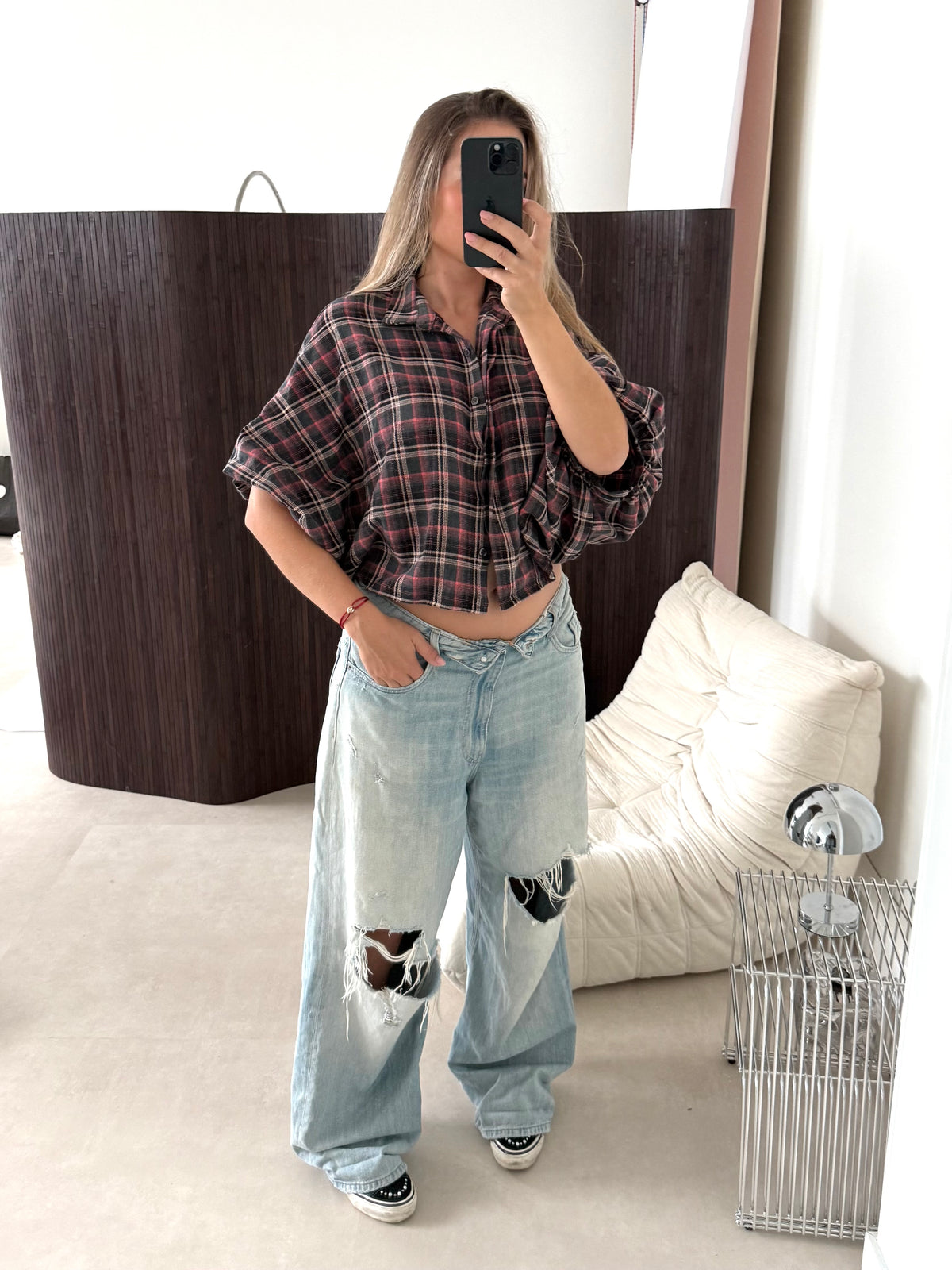 Oversized Flannel Blouse Geruit Roze