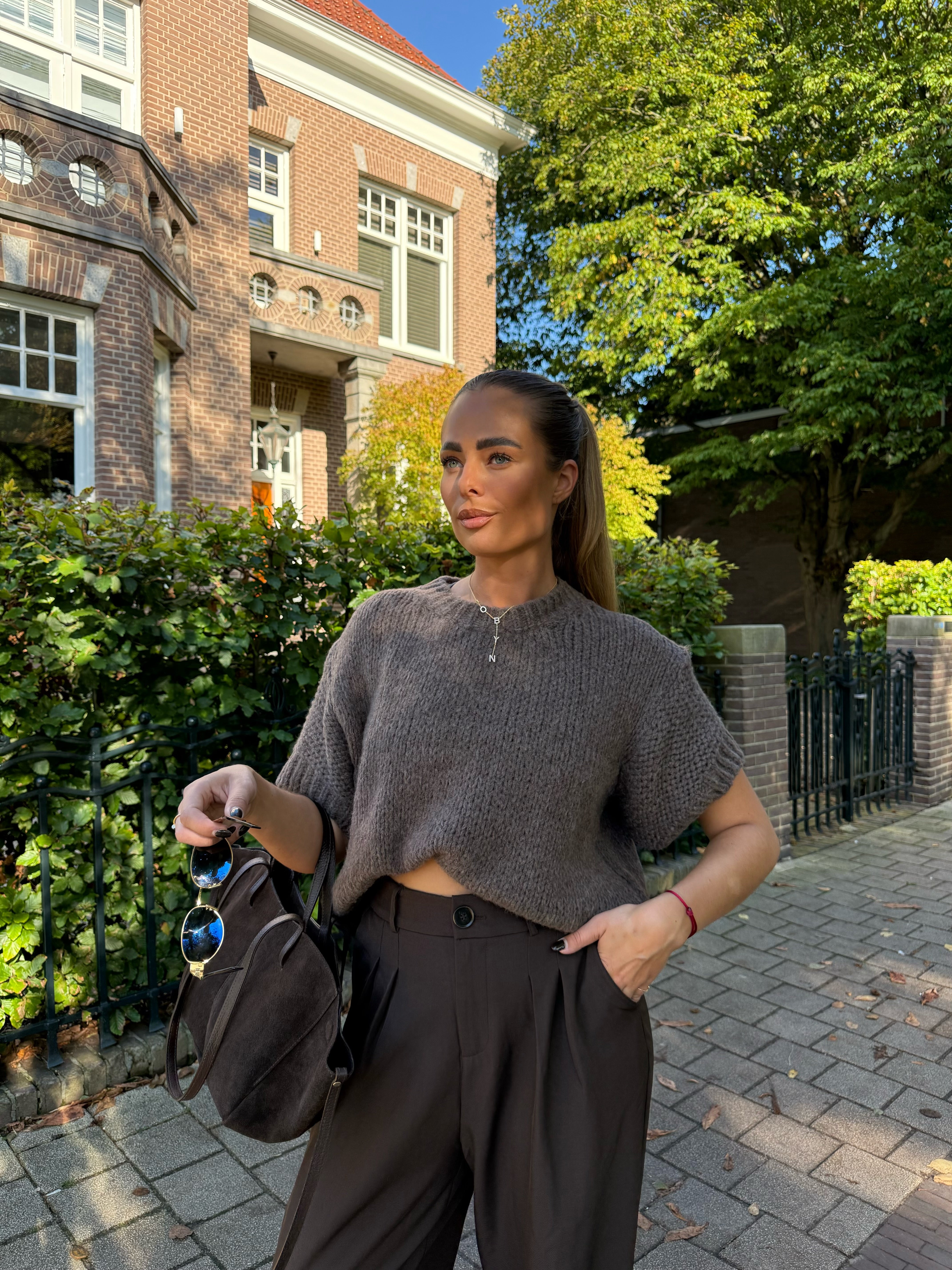 Knit Trui Korte Mouw Taupe | Nori