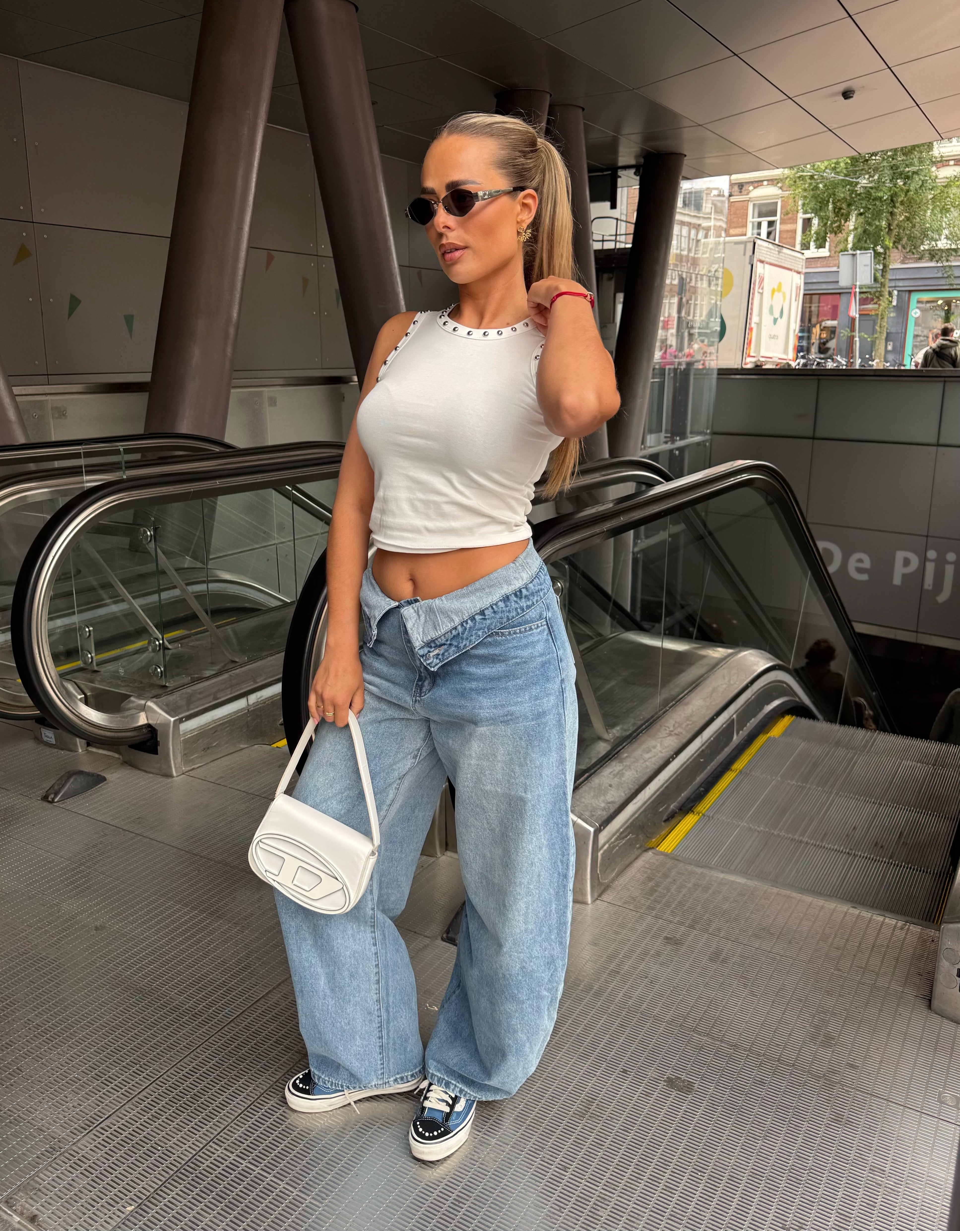 Wide Leg Jeans met Omslag Blauw
