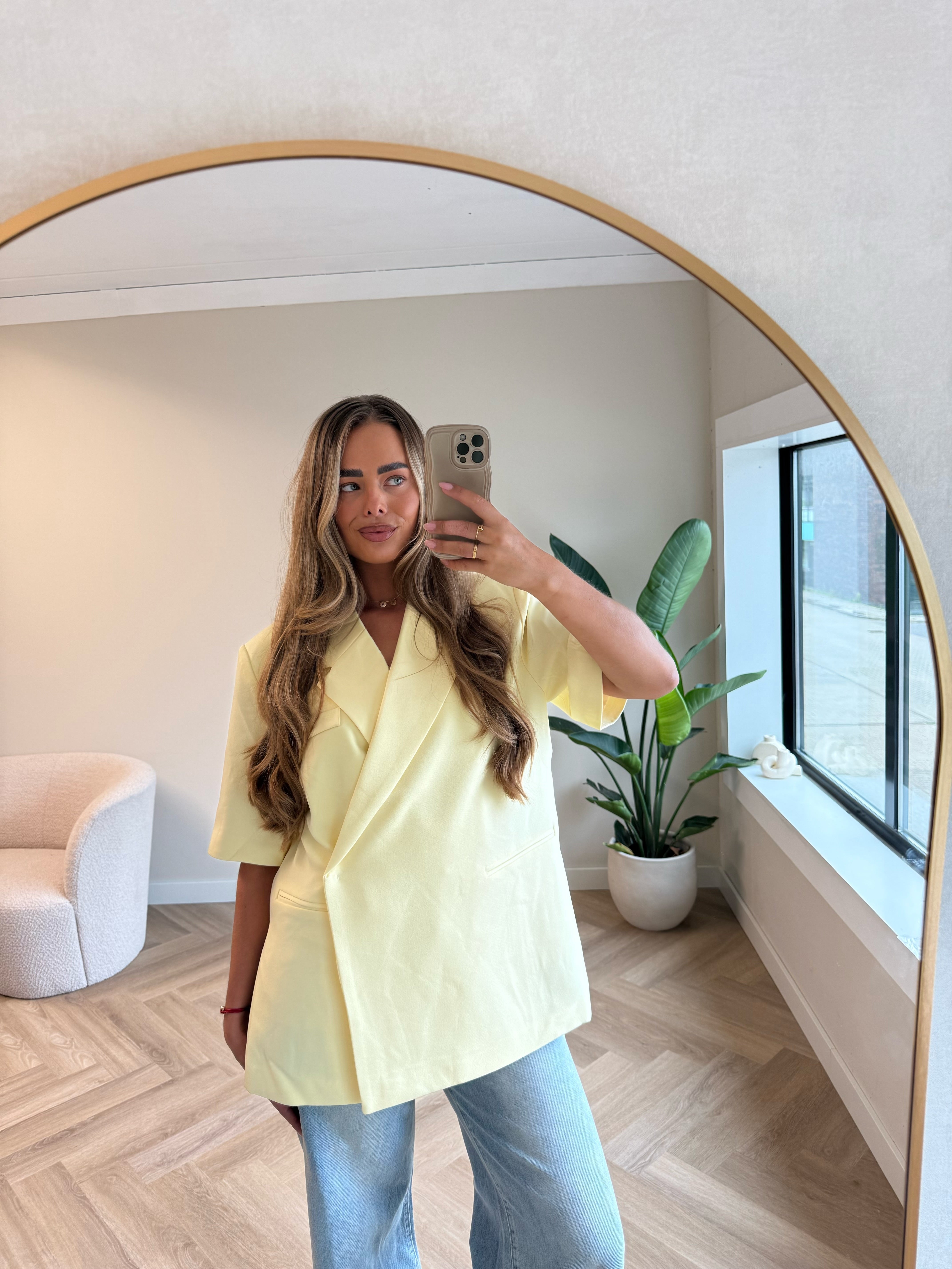 Oversized Blazer Korte Mouw Boter Geel | Jade