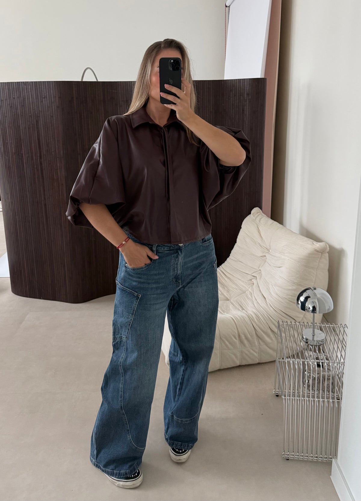 Oversized PU Leather Blouse Burgundy