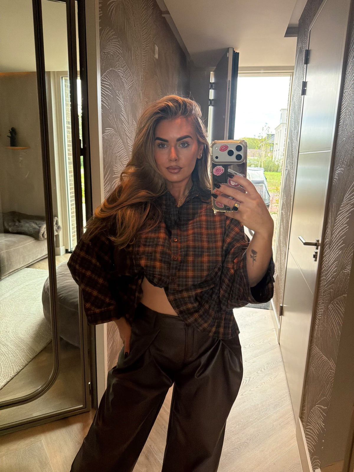Oversized Blouse Geruit Bruin Blauw
