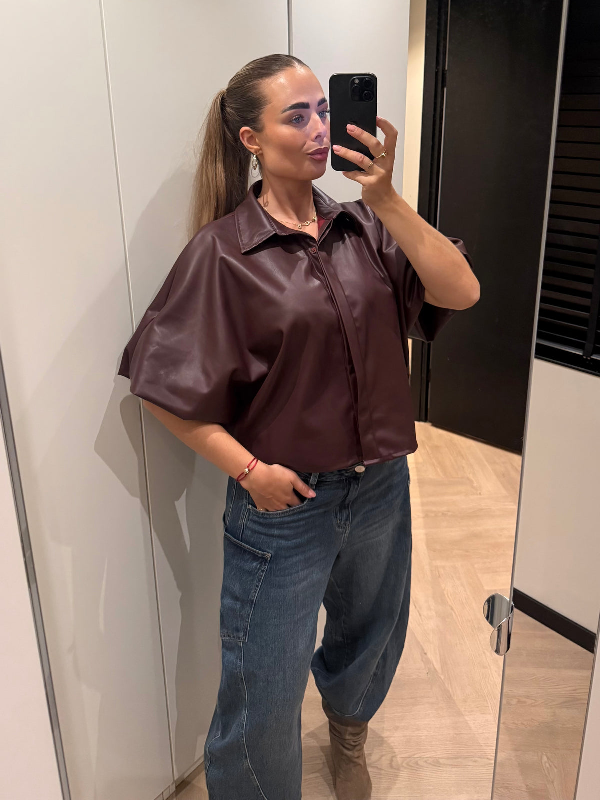 Oversized PU Leather Blouse Burgundy