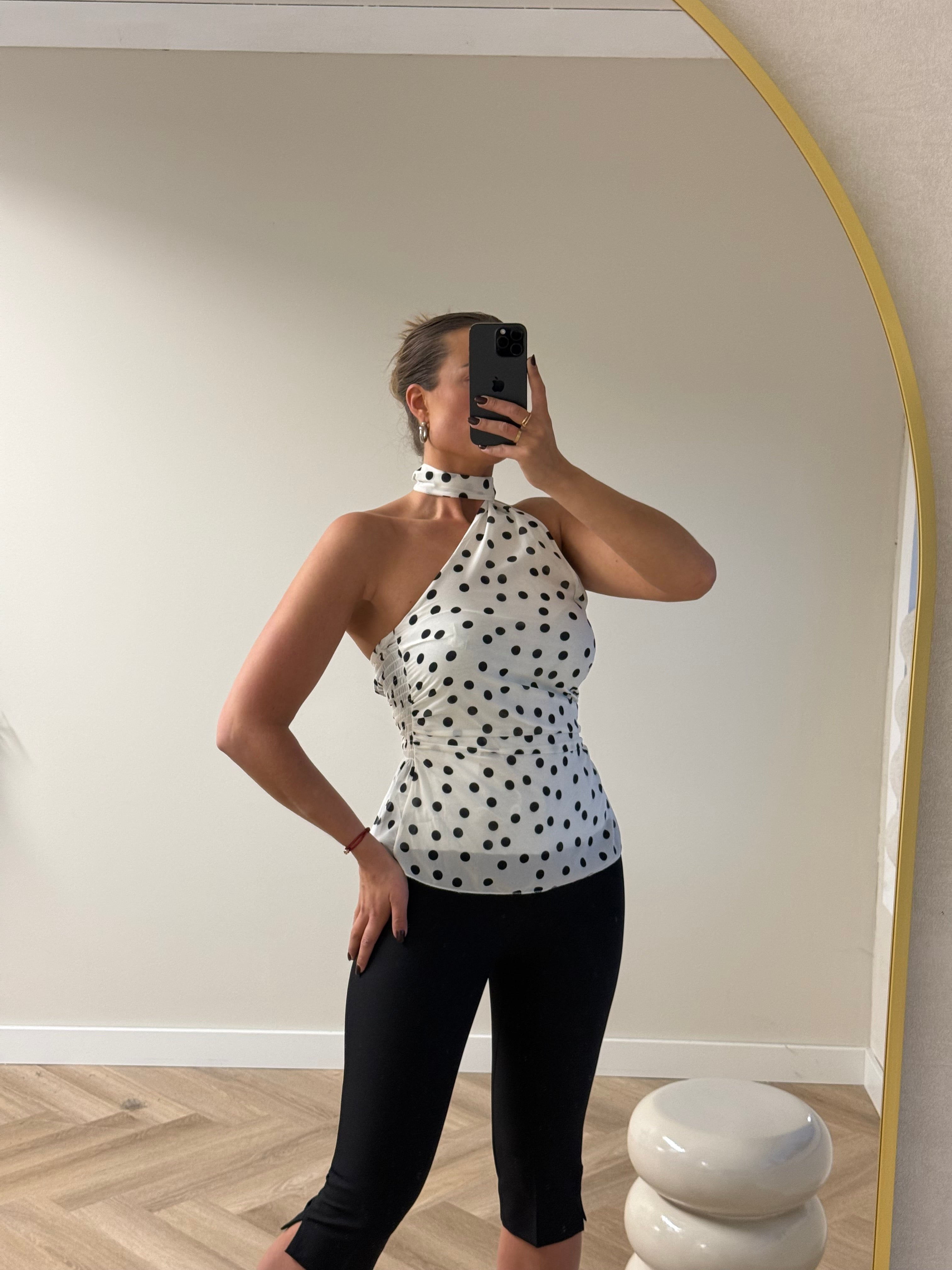 Asymmetrische Halter Top Polkadot | Wit