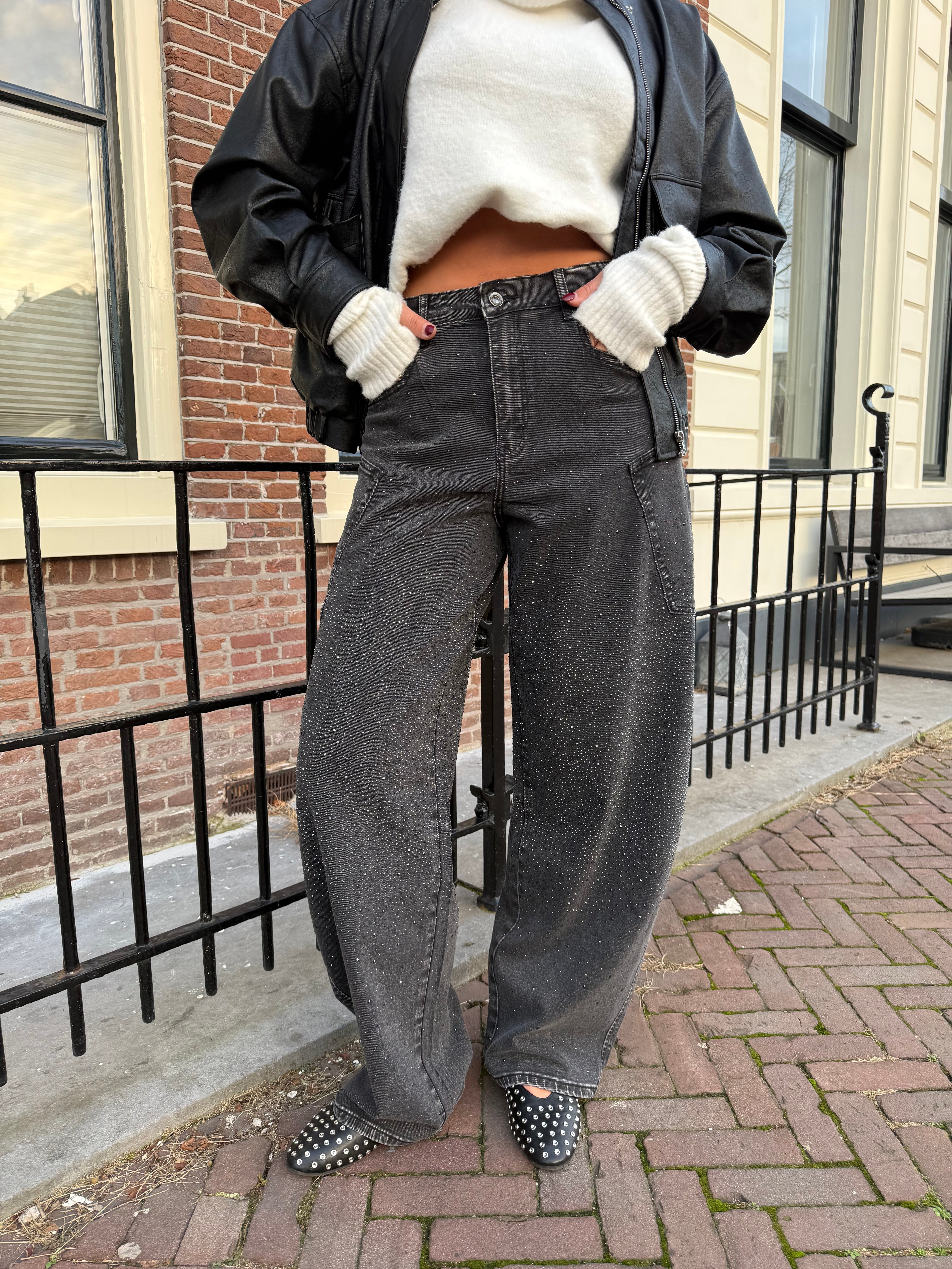 Queen Hearts Balloon Jeans Strass Grijs