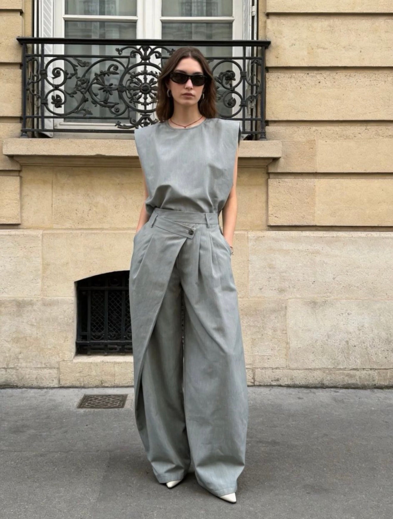 Pantalon met Overslag Knoop Grijs | Wen