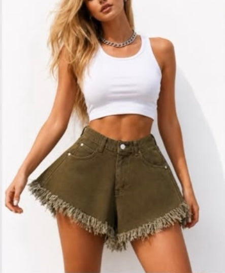 Denim Short Gerafeld Army Groen