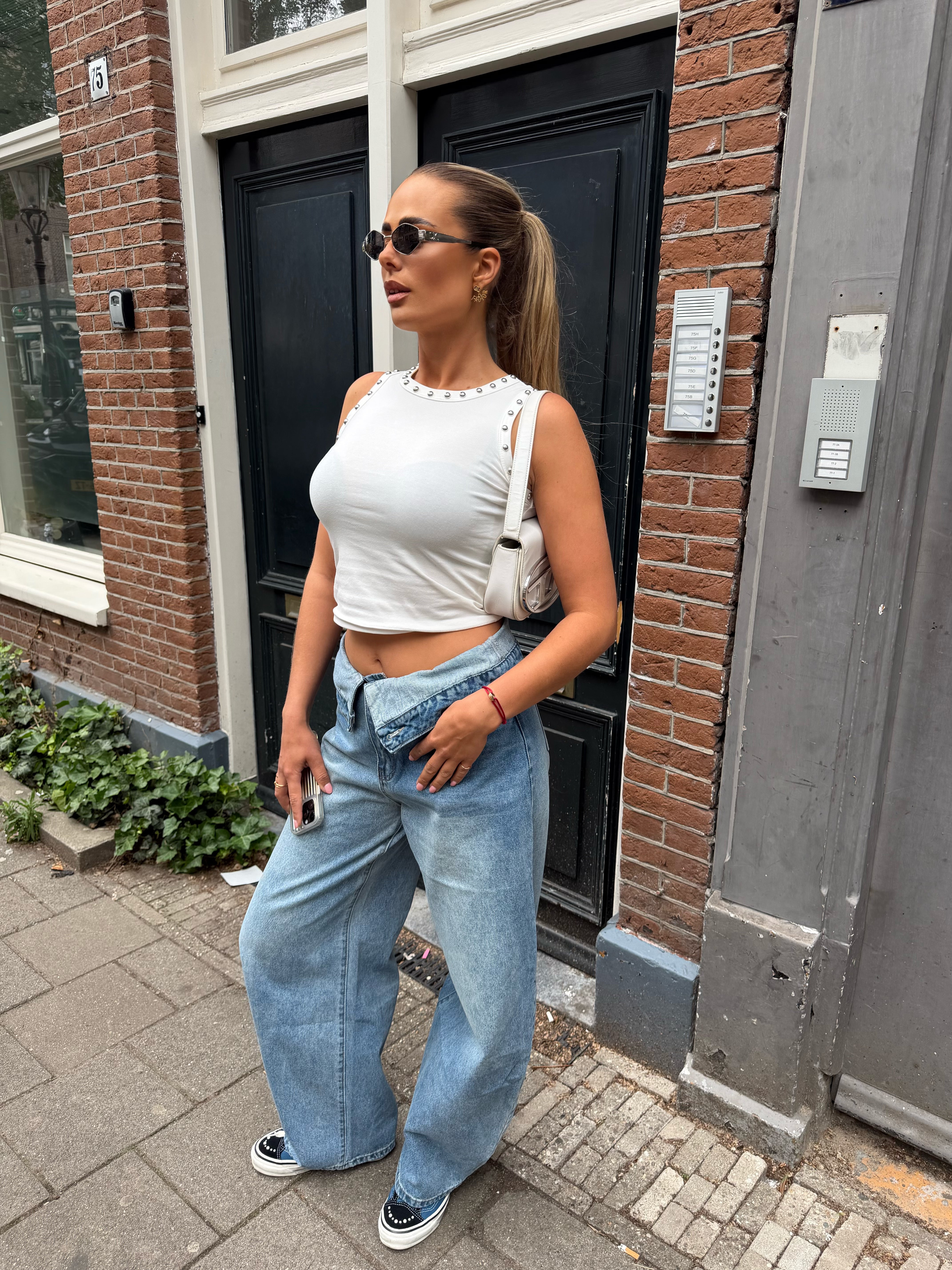 Wide Leg Jeans met Omslag Blauw