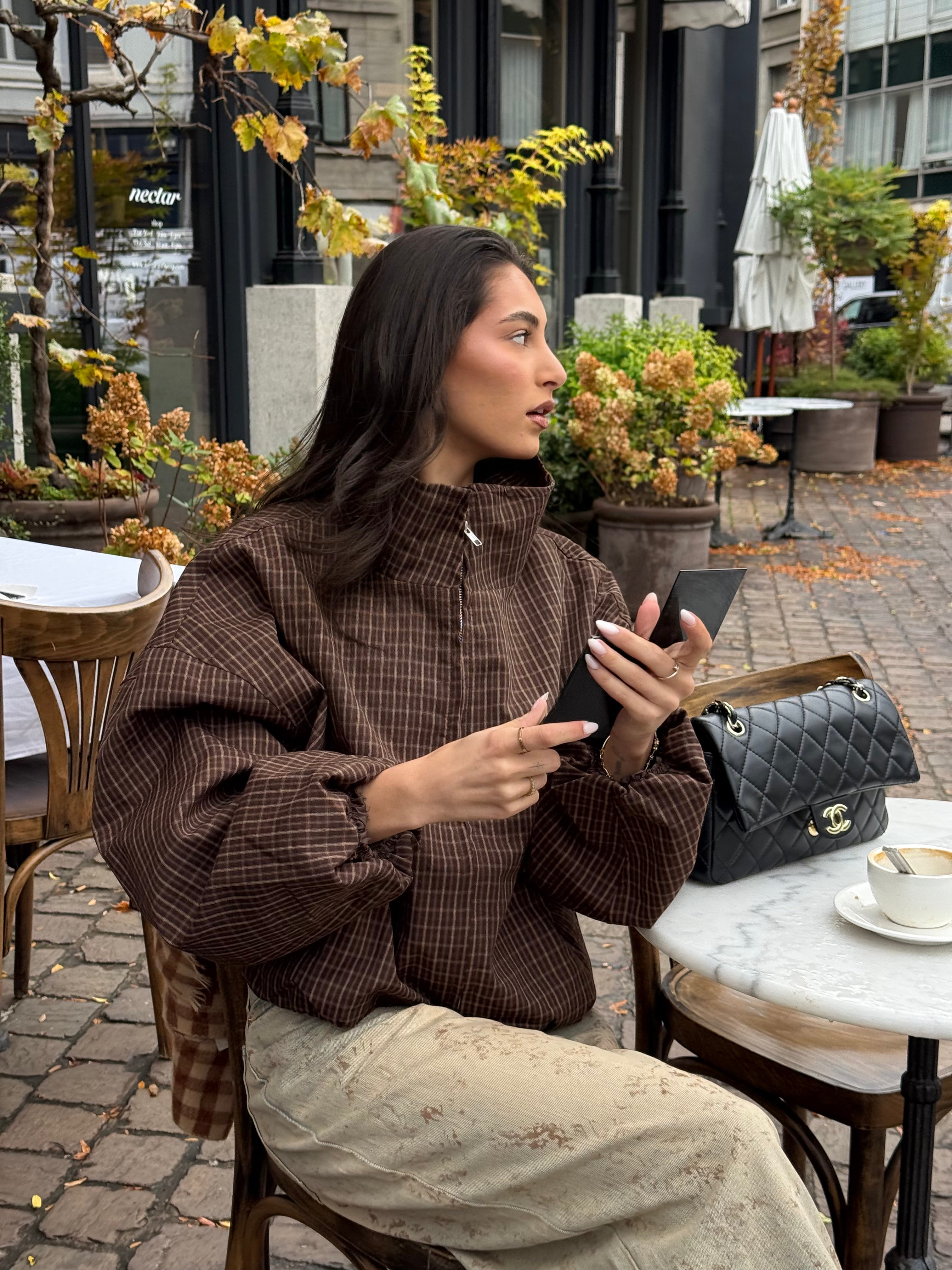 Oversized Bomber Geruit Bruin