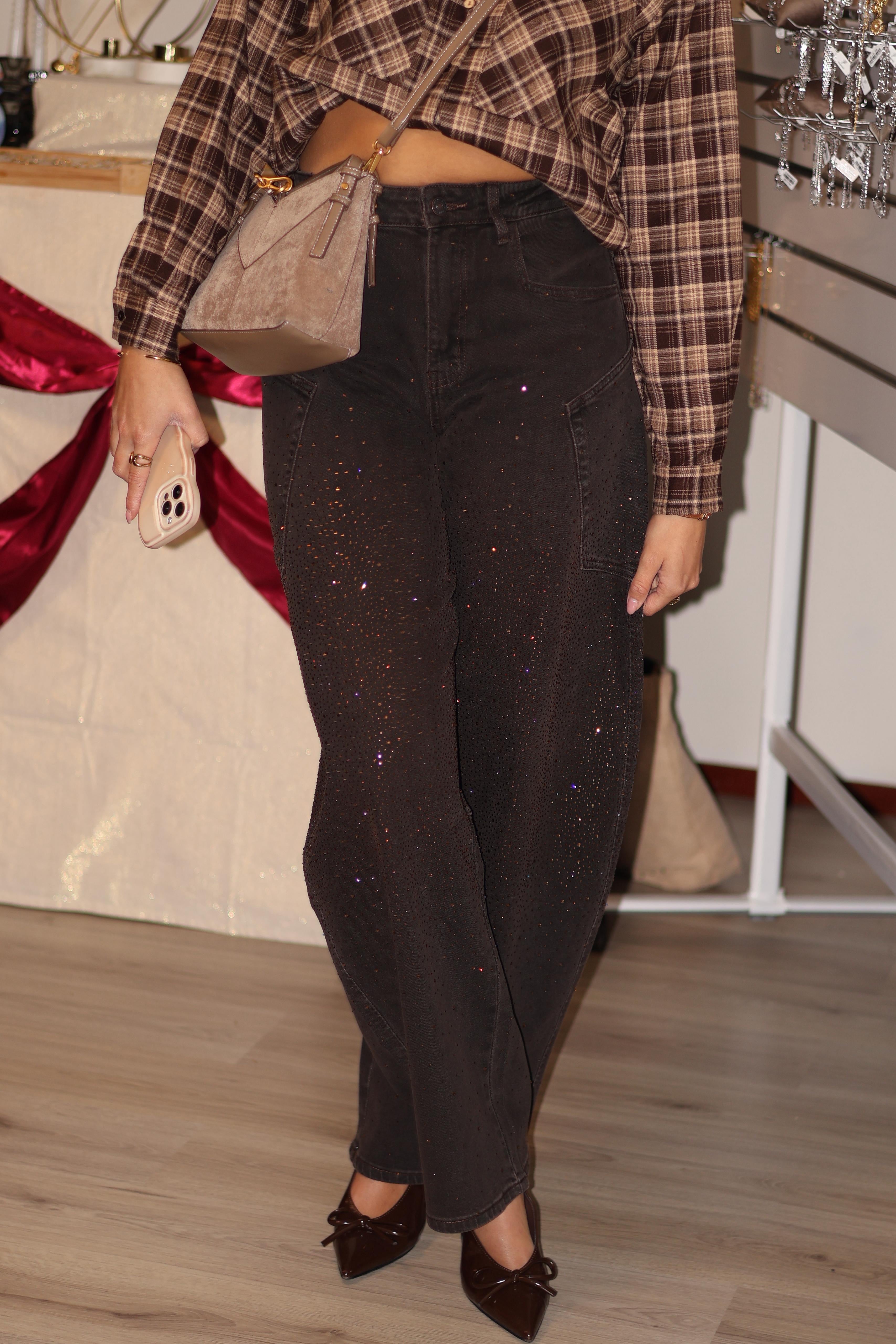 Queen Hearts Balloon Jeans Strass Bruin