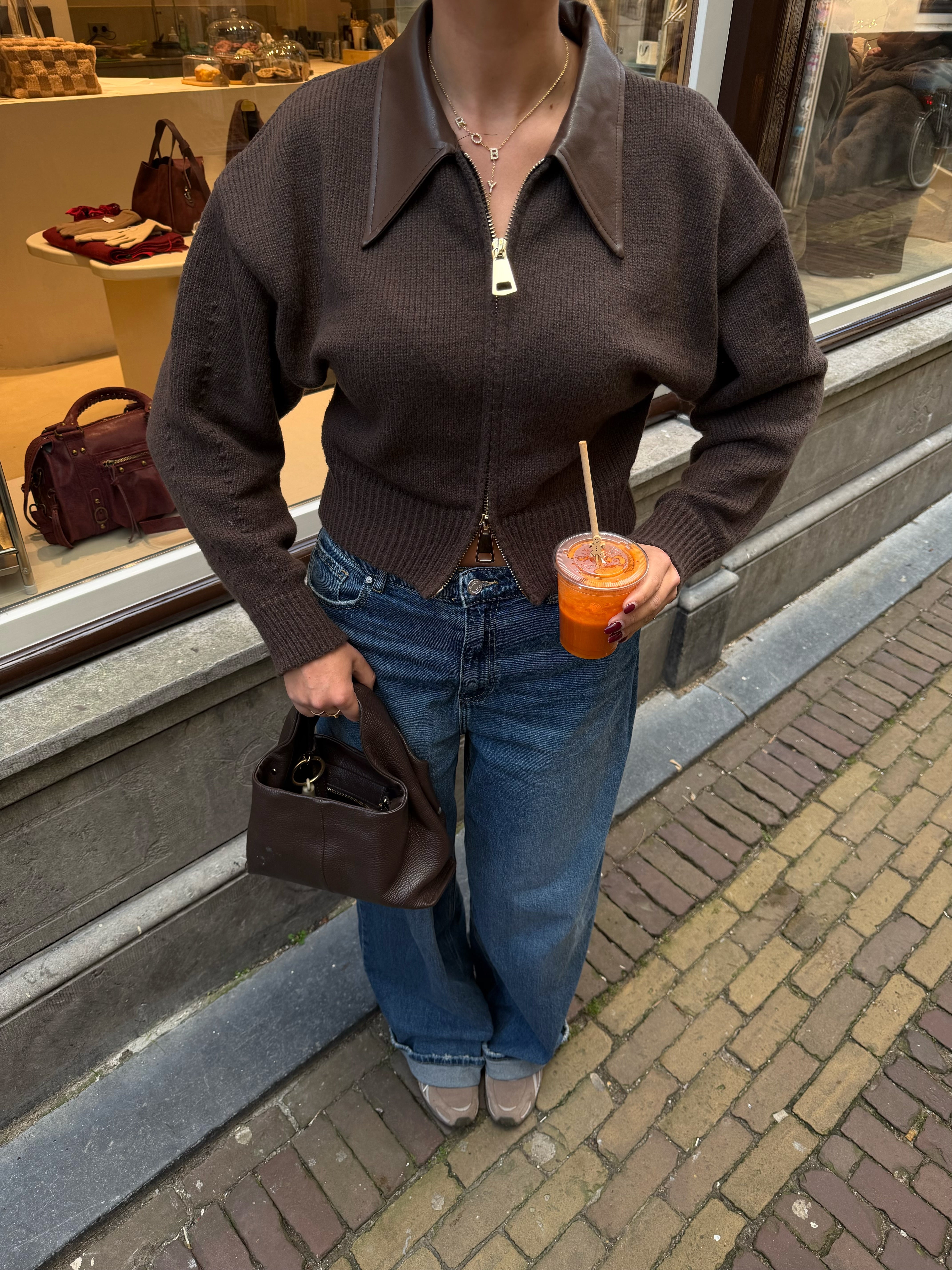 Bruin Vest Met PU Leren Kraag | Sem