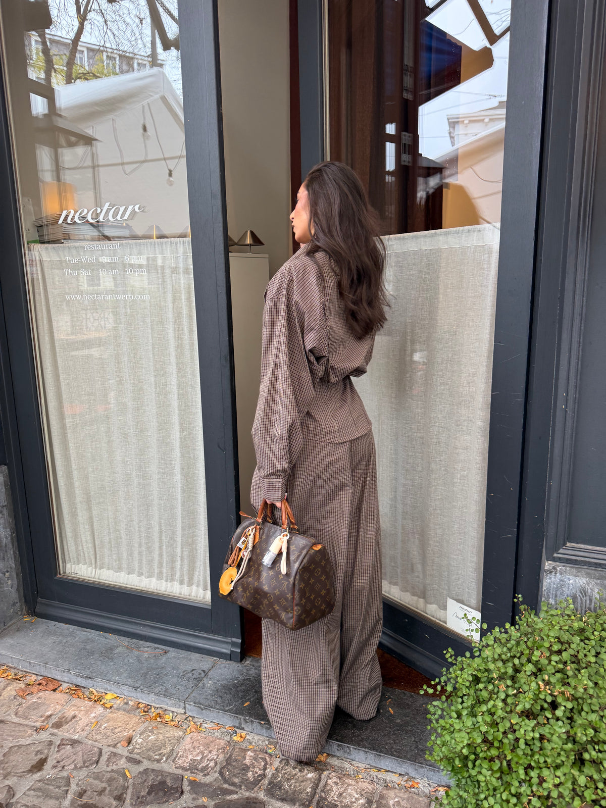 Geruite Fitted Blouse Choco