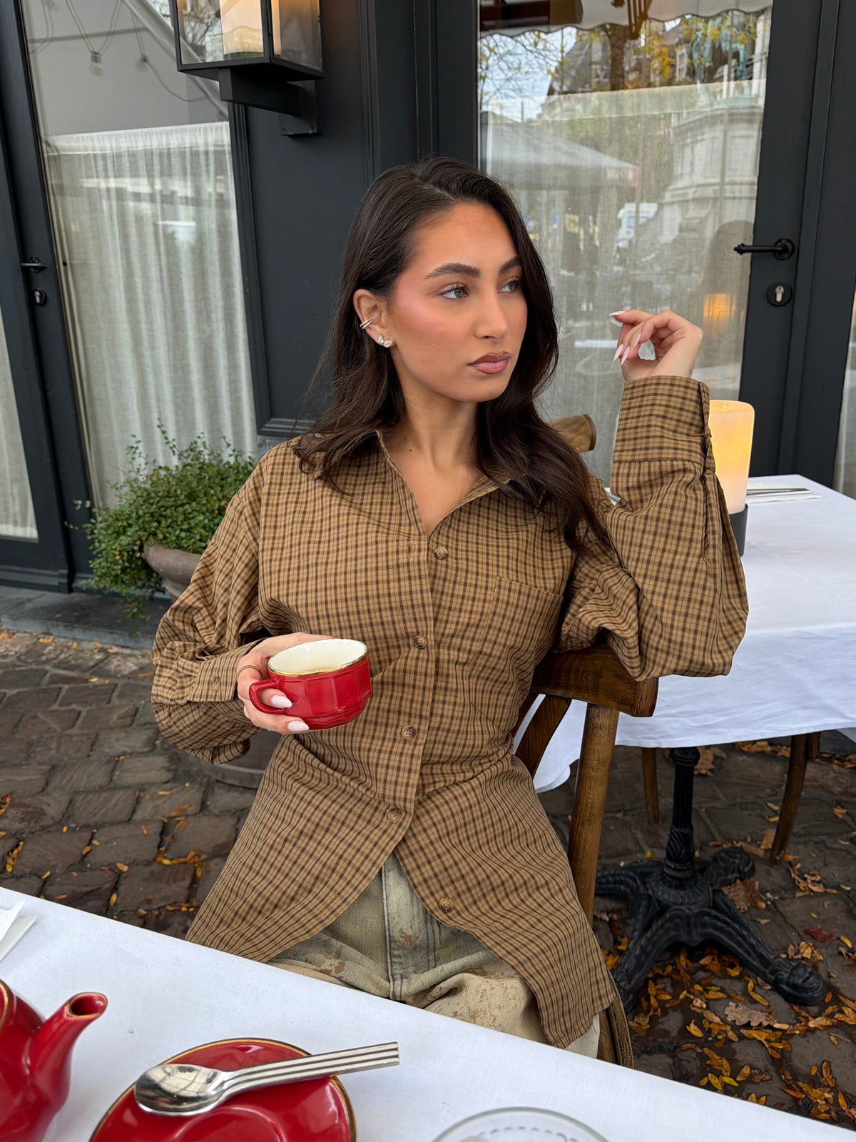 Checkered Blouse Getailleerd Bruin