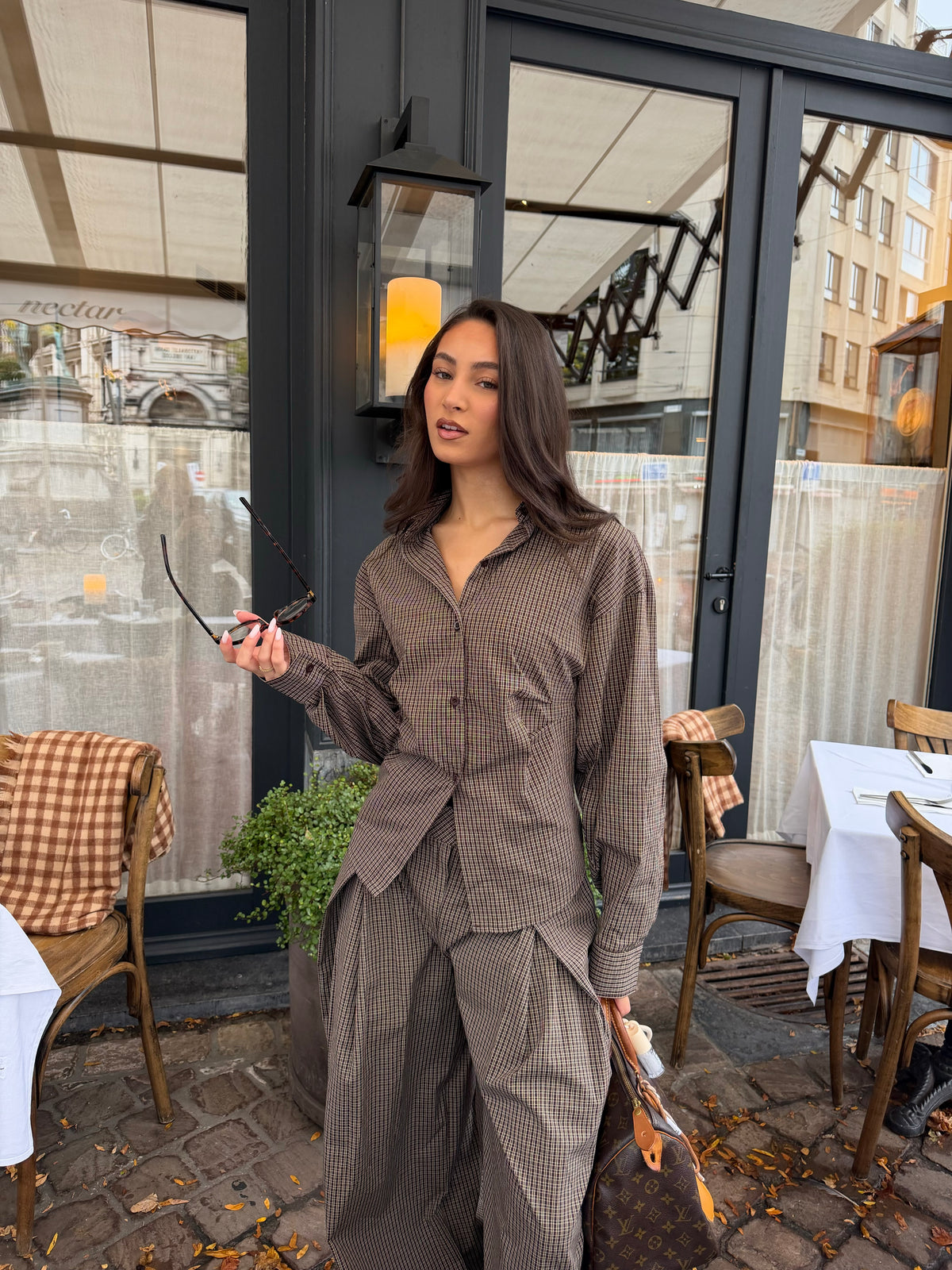 Geruite Fitted Blouse Choco