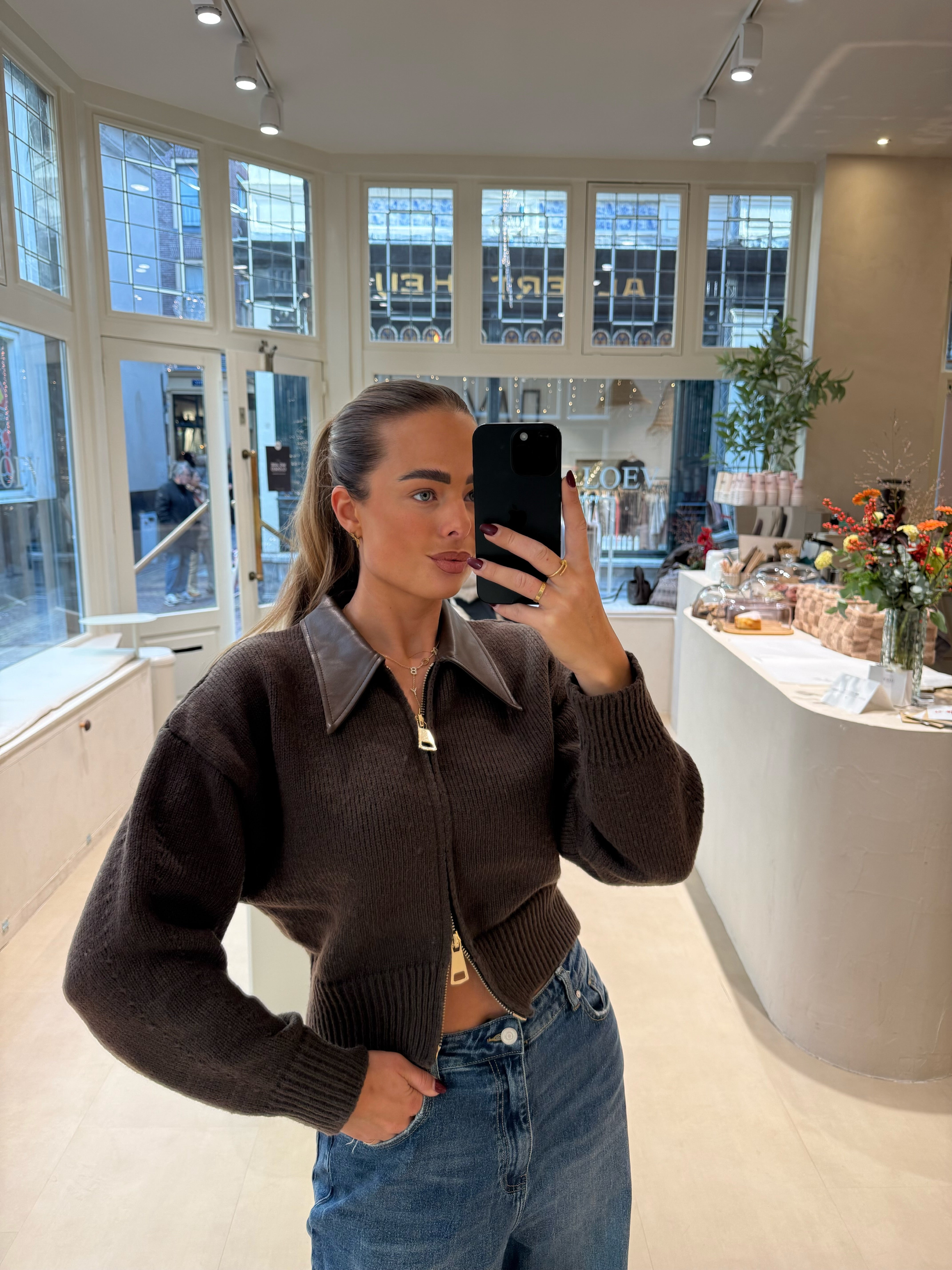 Bruin Vest Met PU Leren Kraag | Sem