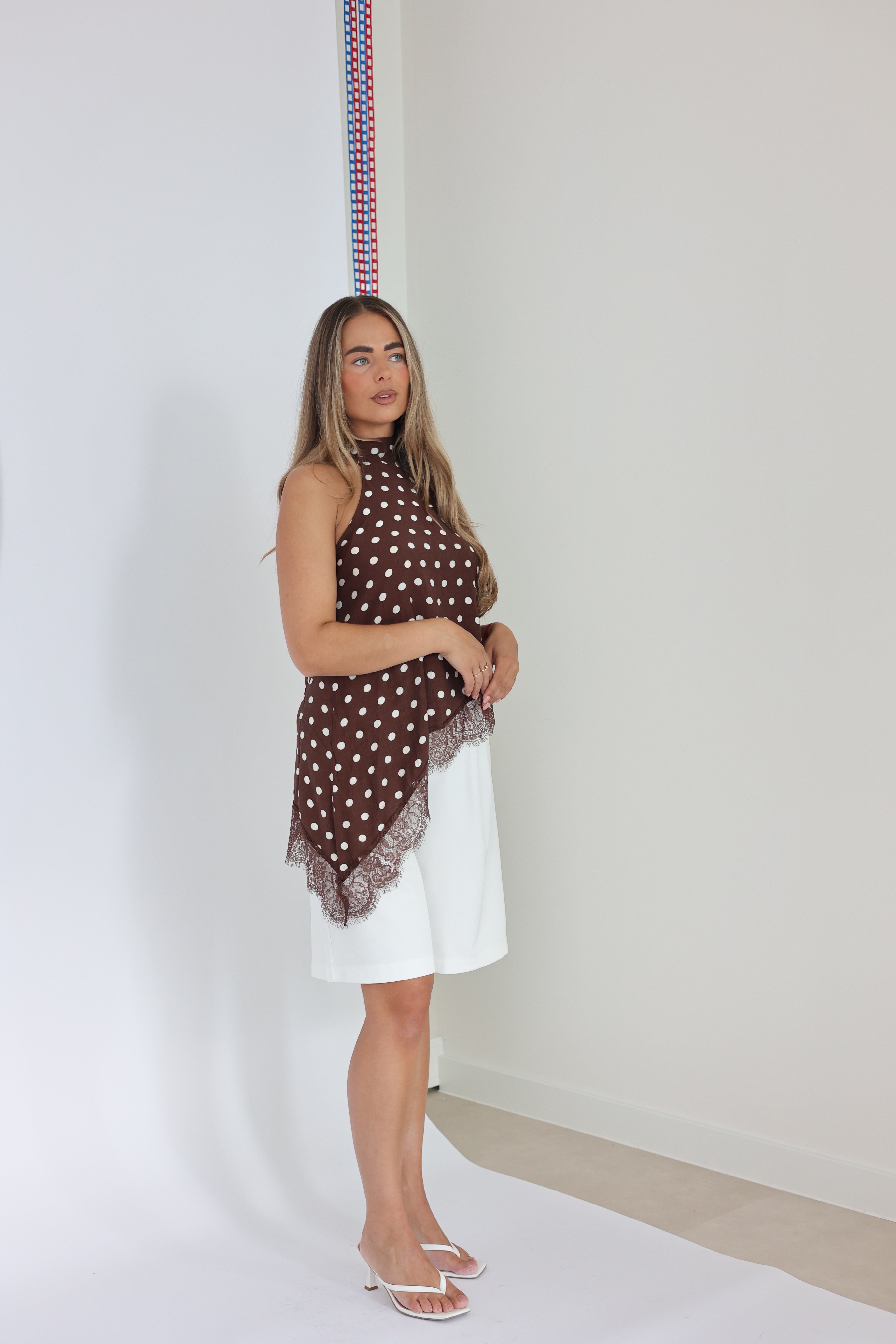 Asymmetrische Polkadot Lace Top Bruin