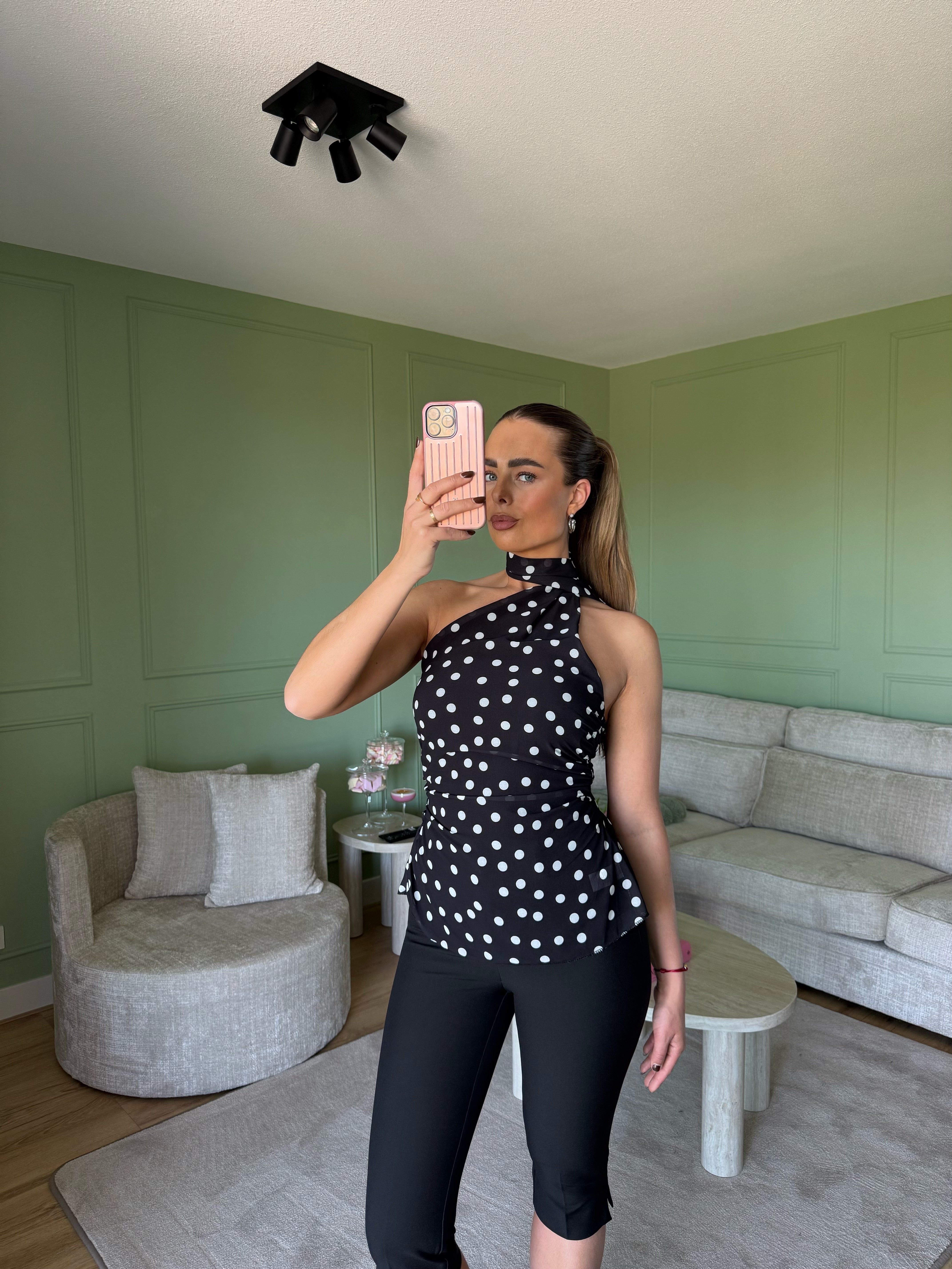 Asymmetrische Halter Top Polkadot | Zwart