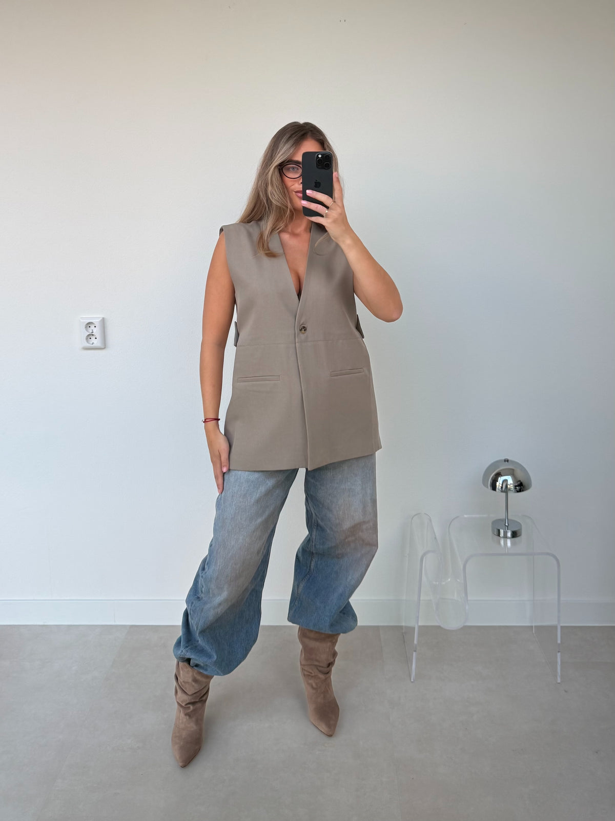 Oversized Gilet Met Band Taupe | Olivia