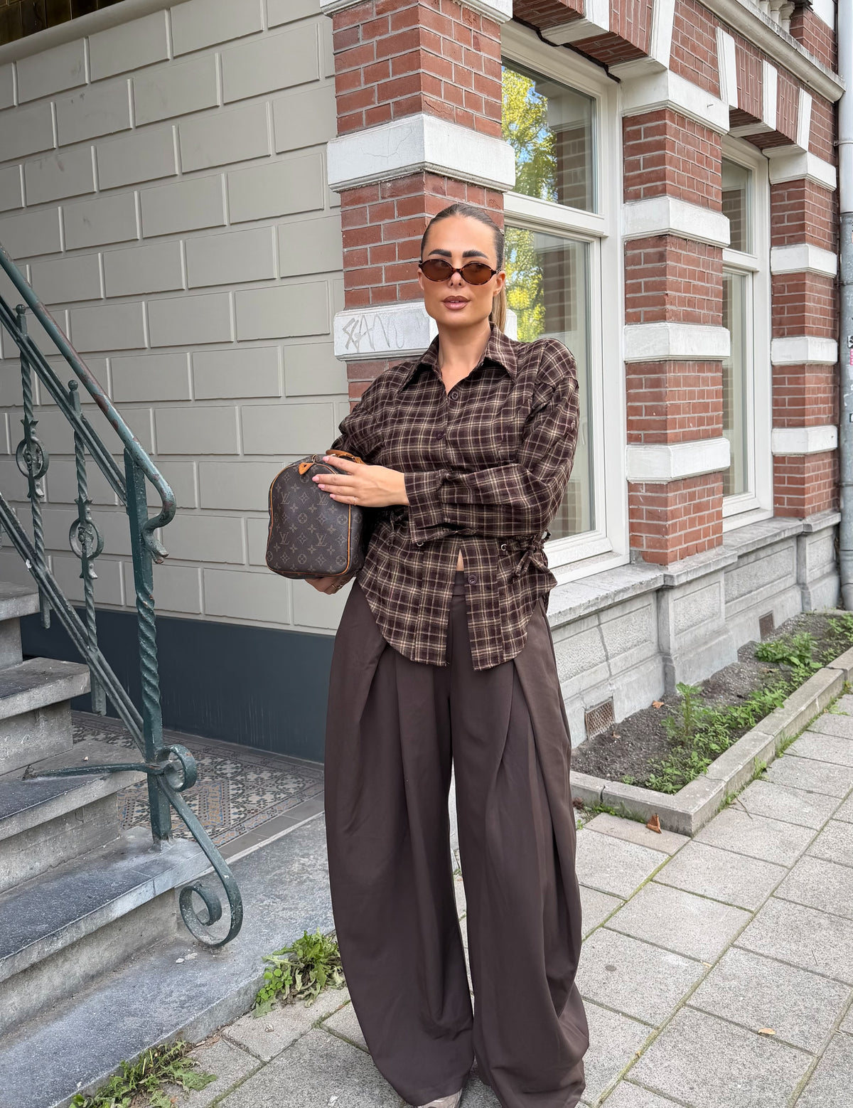 Getailleerde Blouse Geruit Bruin
