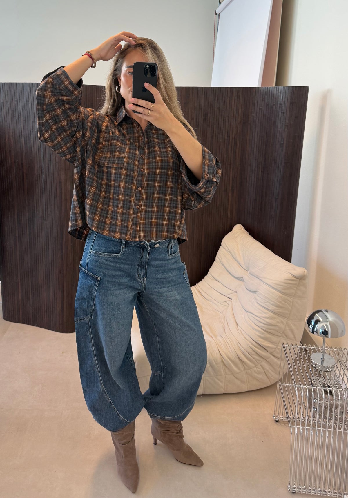 Oversized Blouse Geruit Bruin Blauw