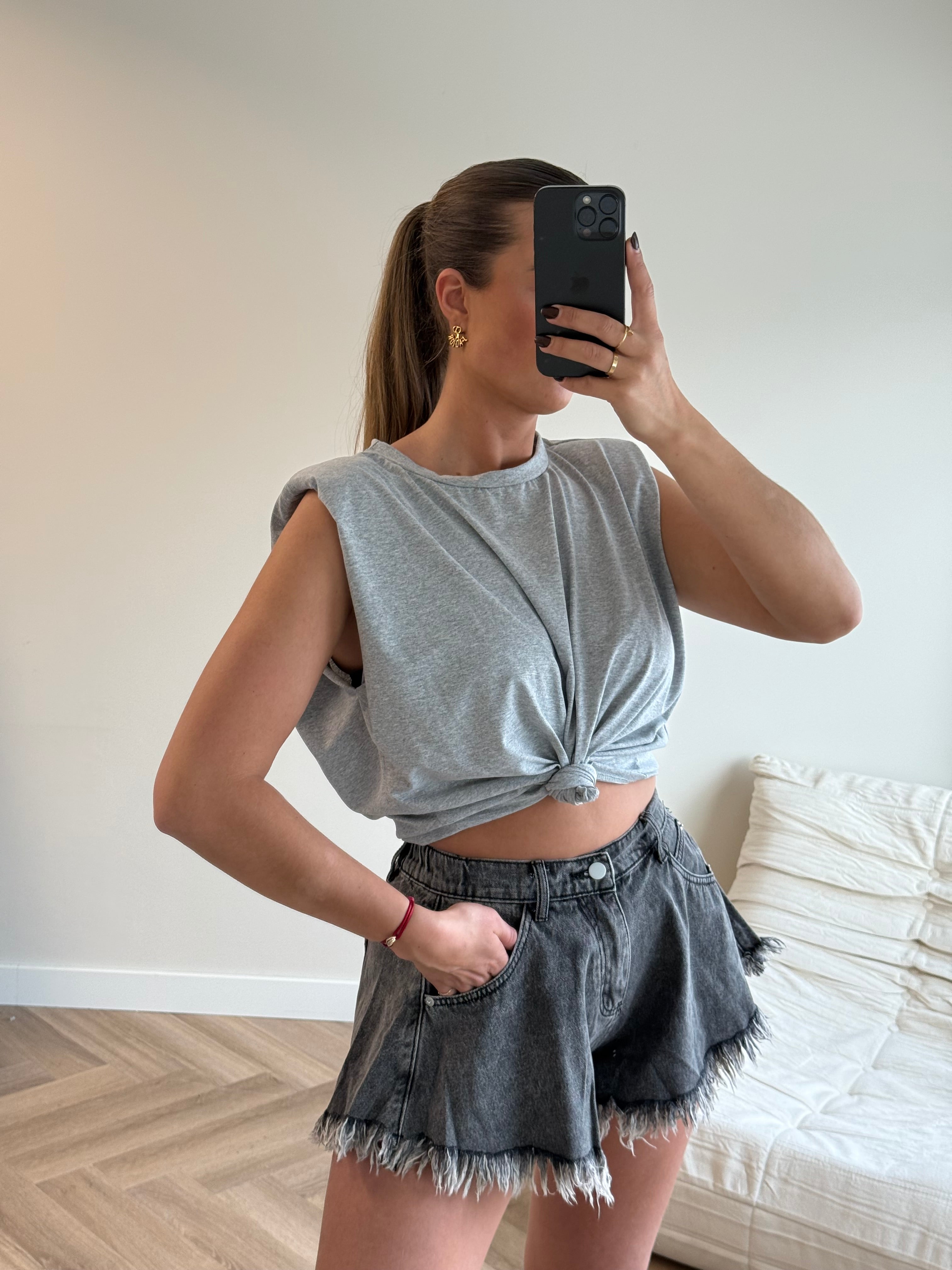 Denim Short Gerafeld Grijs