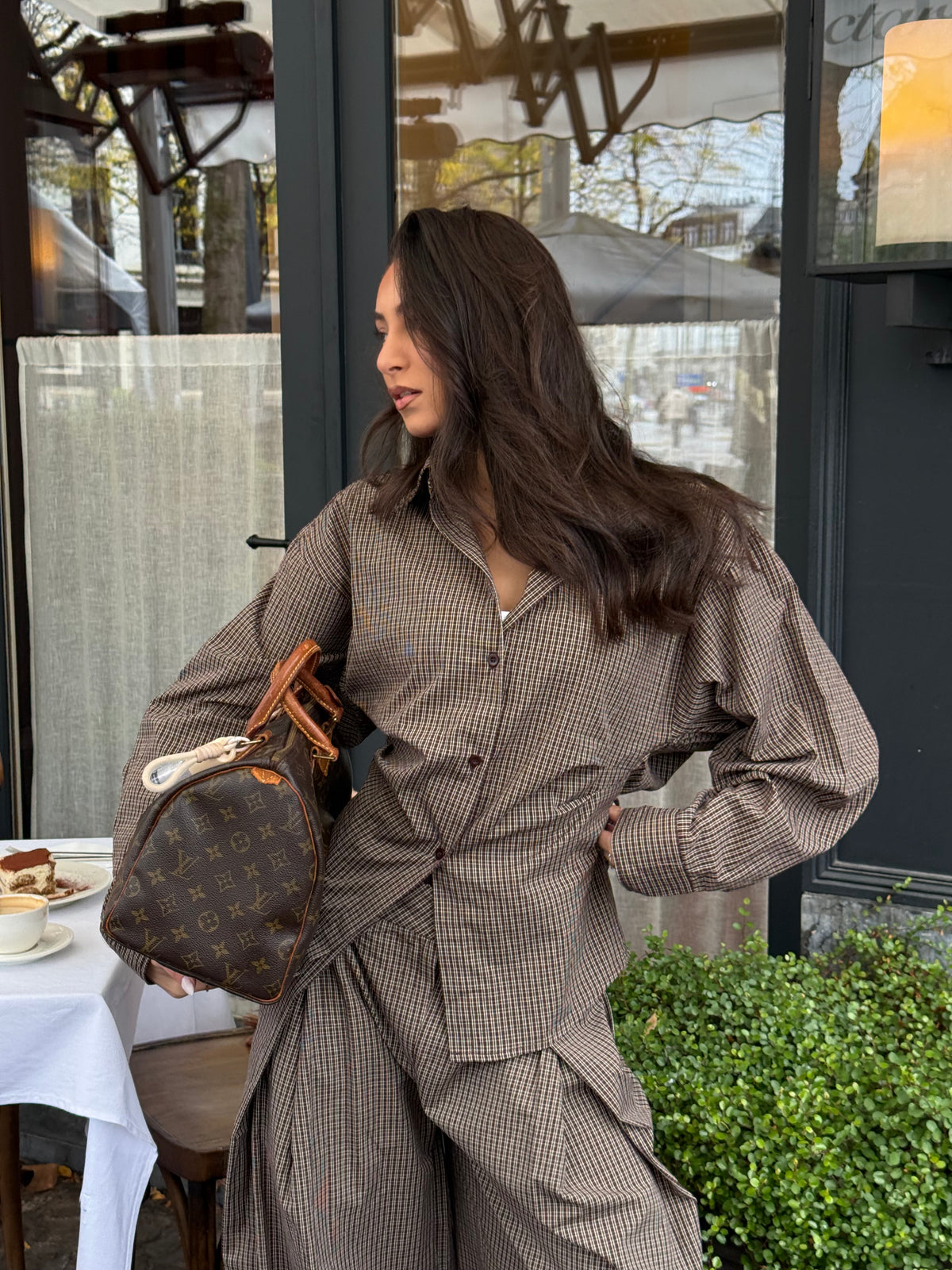 Geruite Fitted Blouse Choco