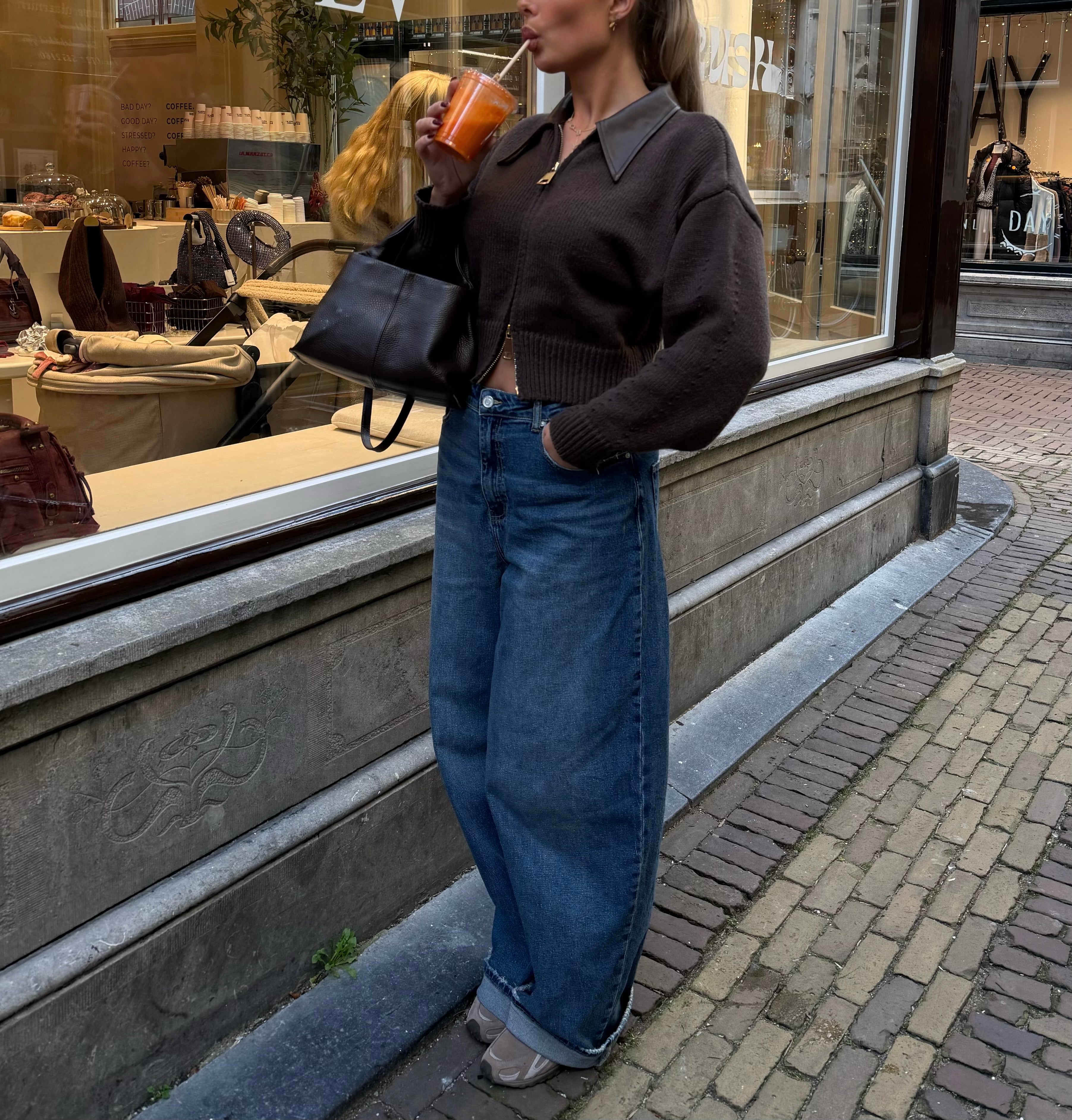 Bruin Vest Met PU Leren Kraag | Sem