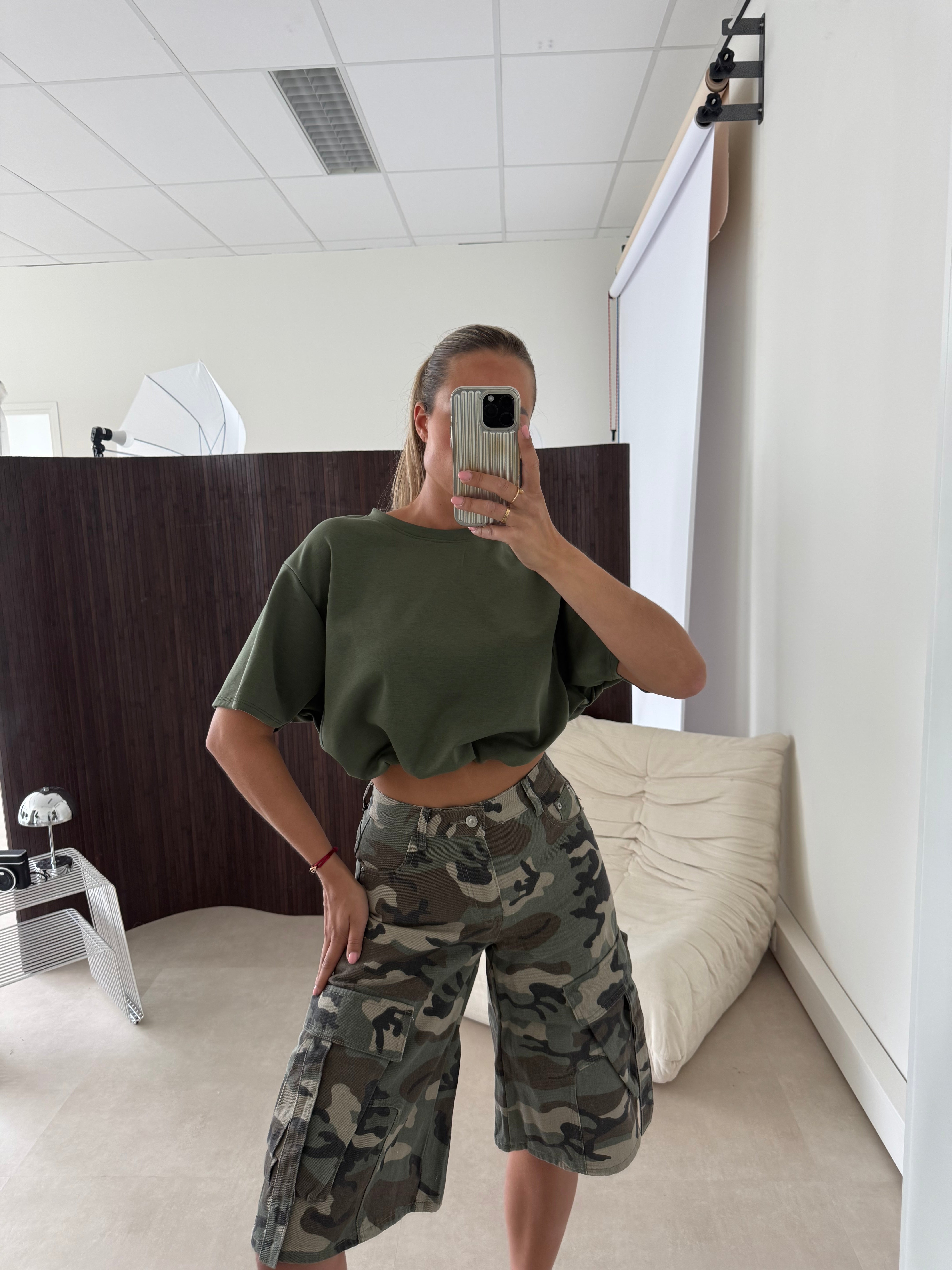 Cropped Stretch T-shirt Army Groen