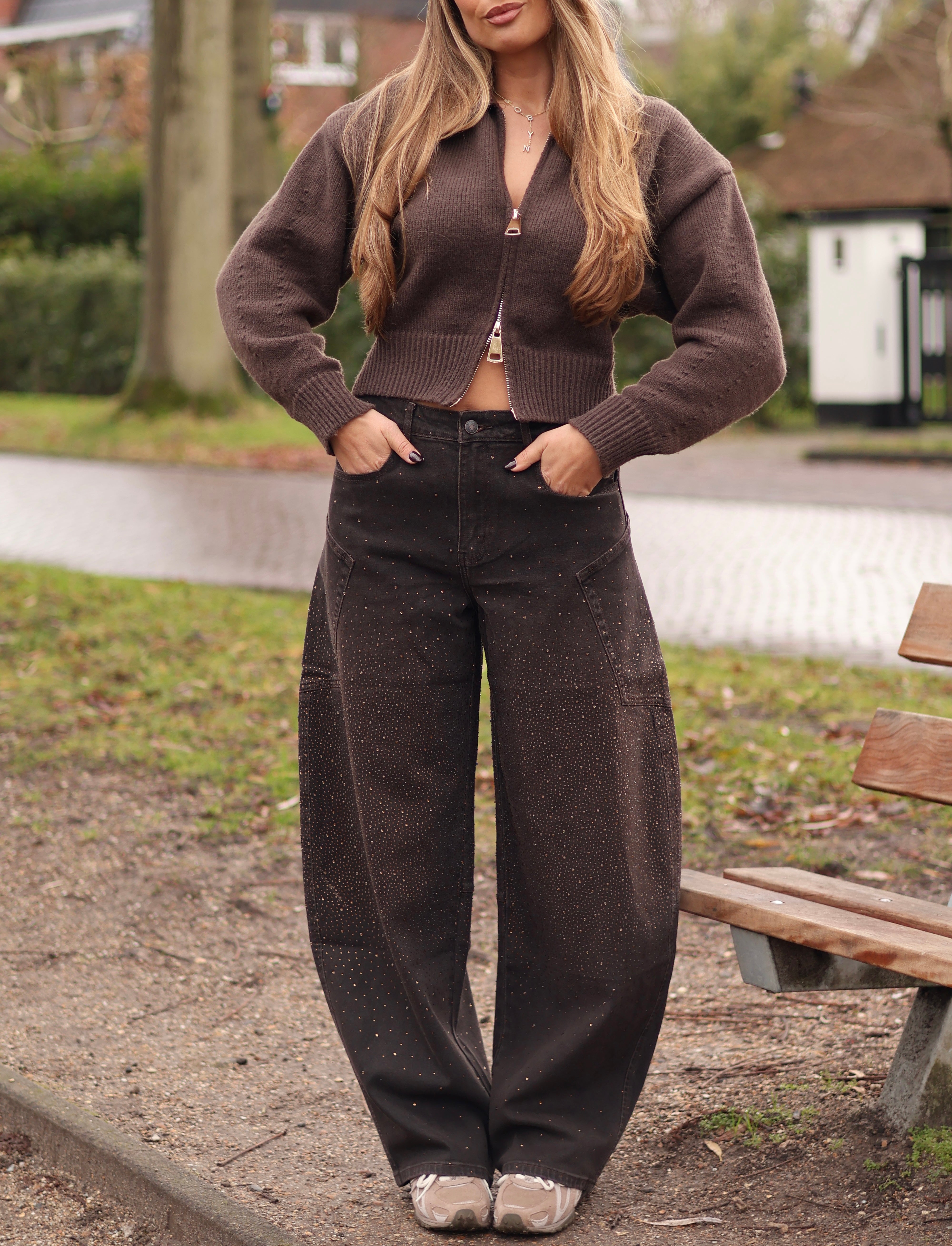 Queen Hearts Balloon Jeans Strass Bruin