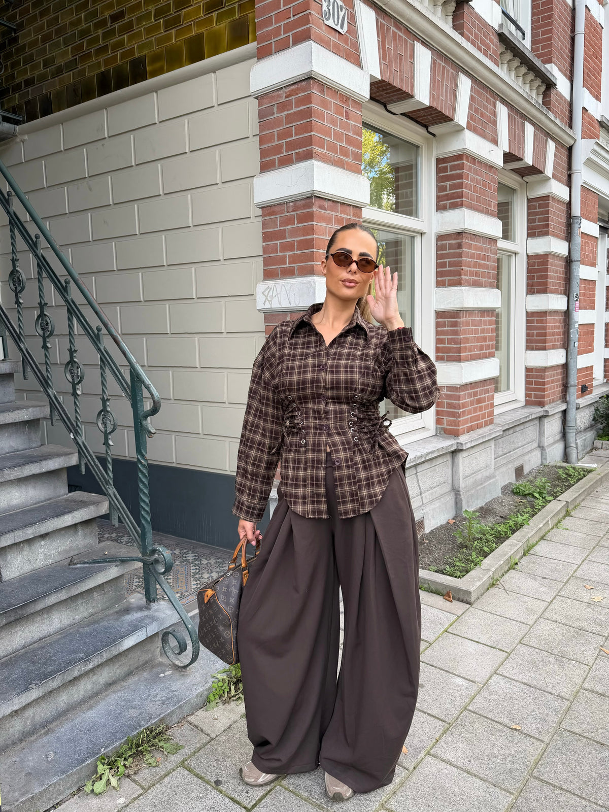 Getailleerde Blouse Geruit Bruin
