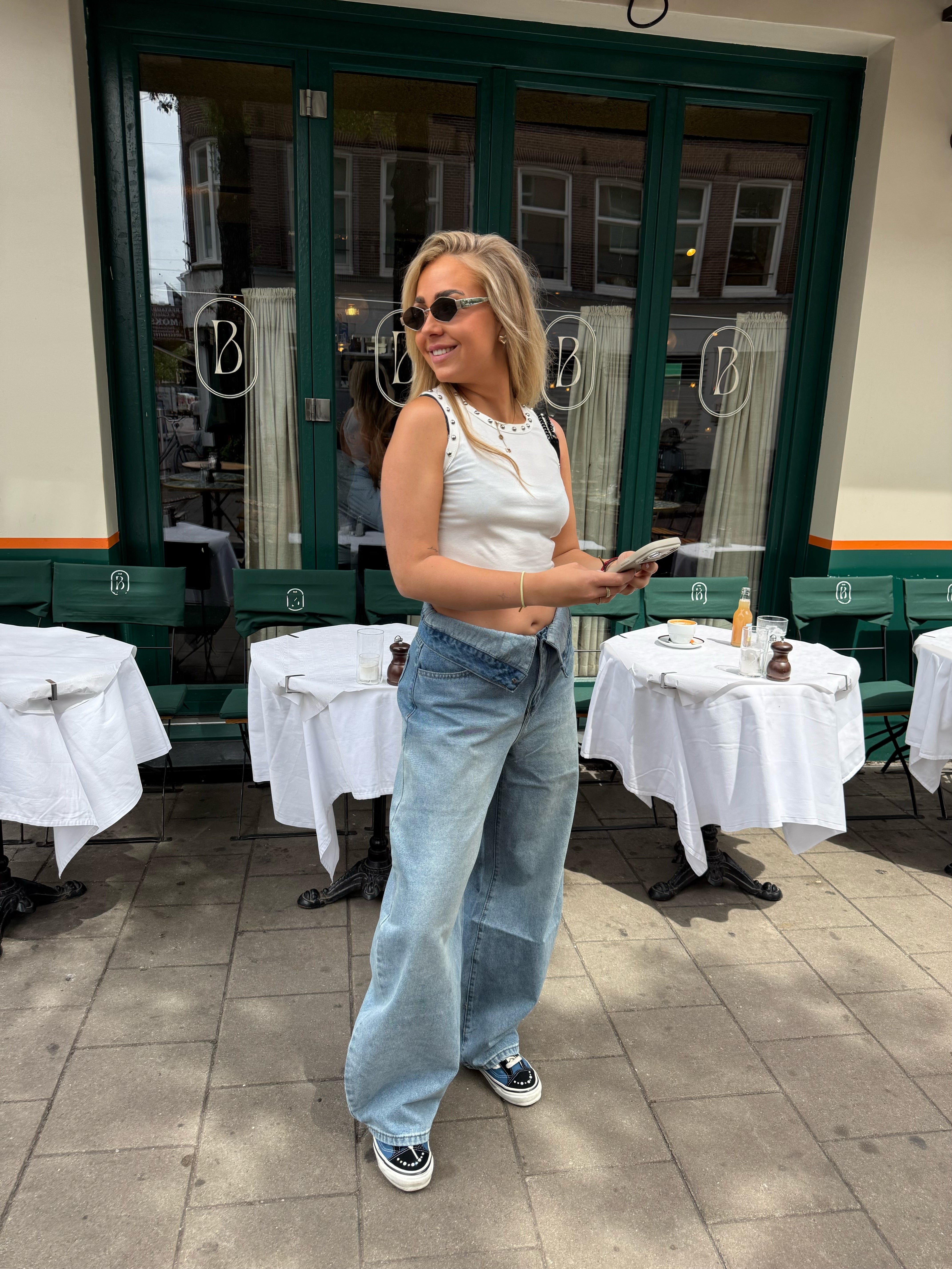 Wide Leg Jeans met Omslag Blauw