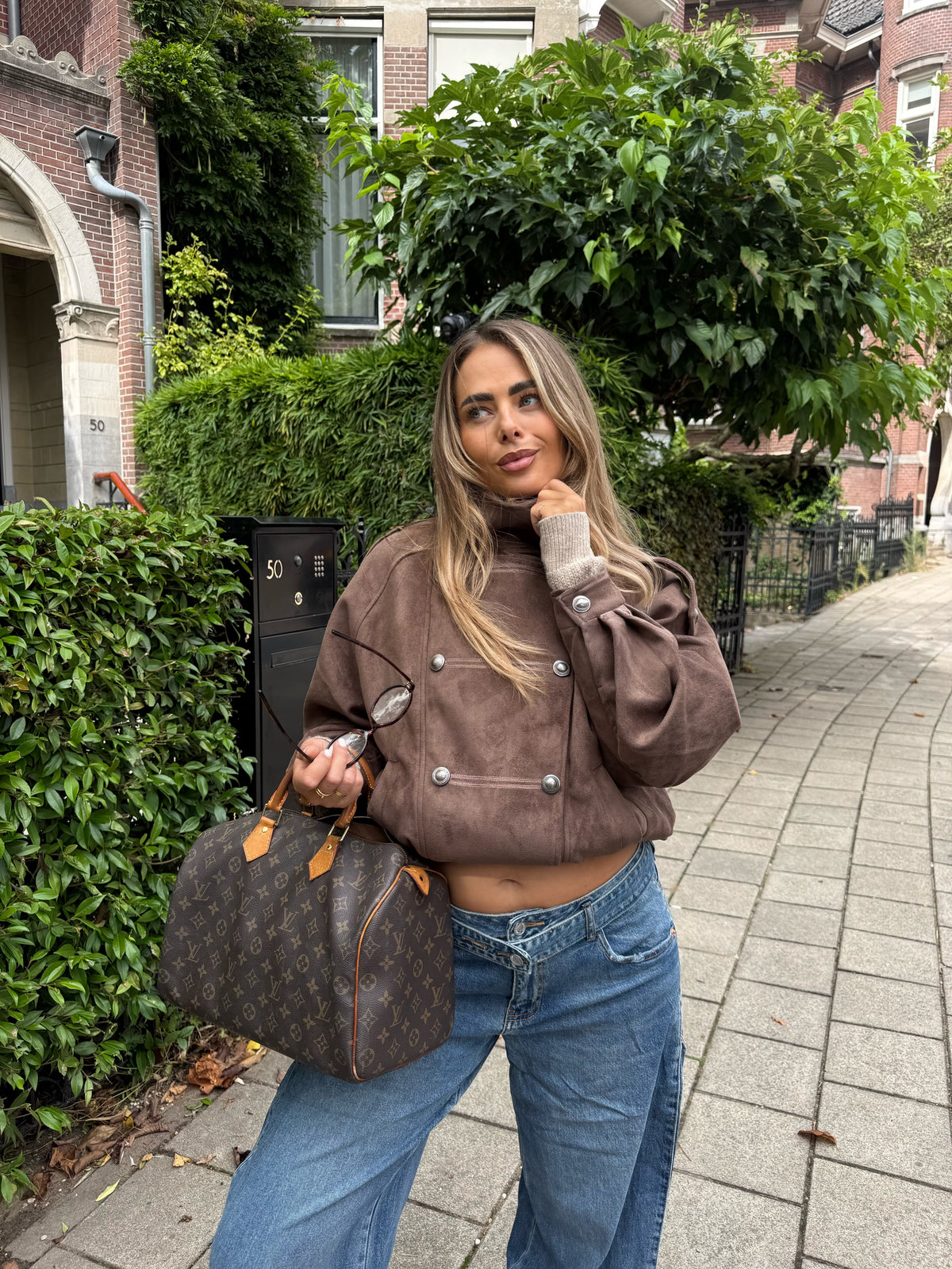 Suède Bomber Buttons Bruin
