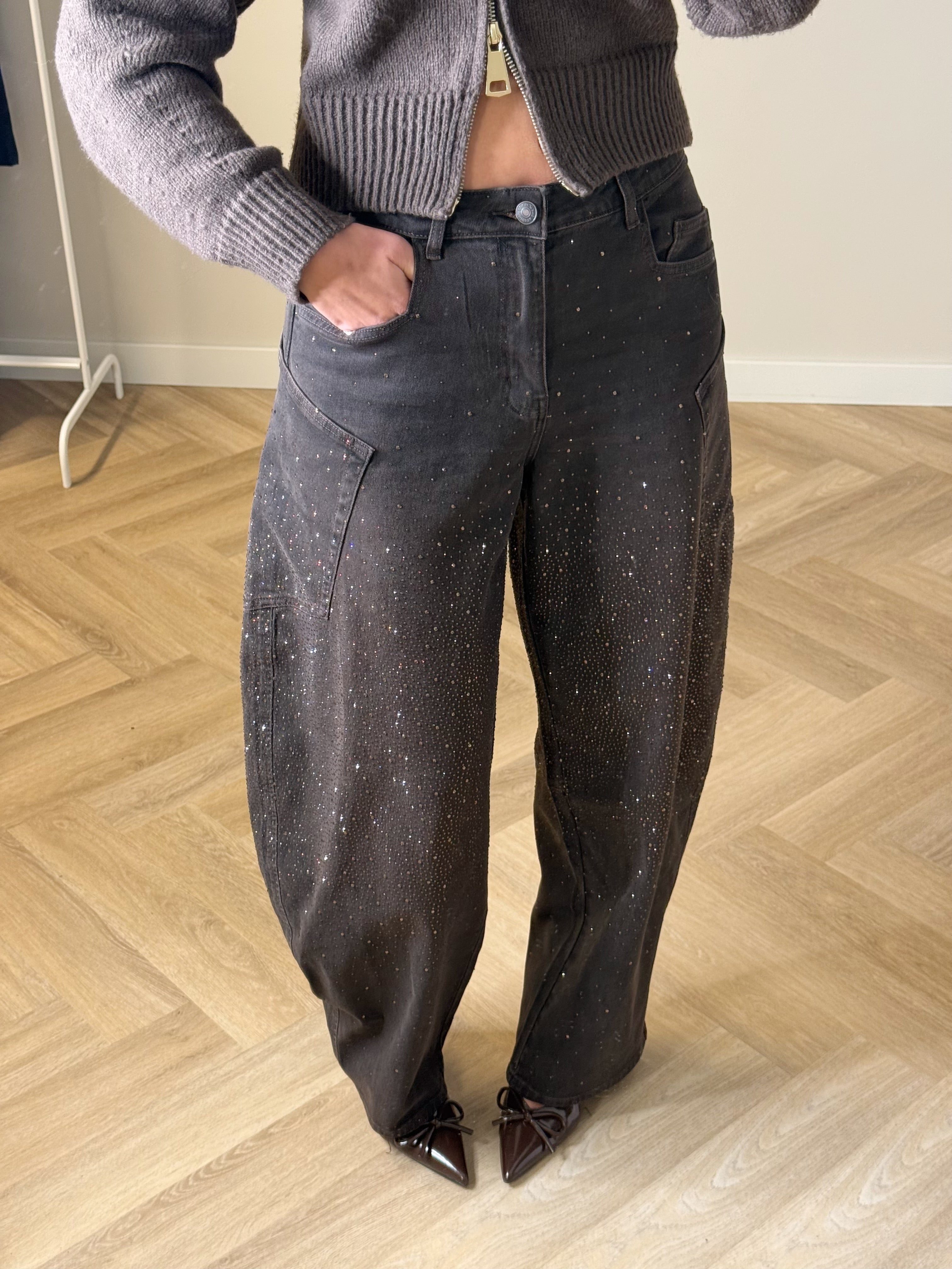 Queen Hearts Balloon Jeans Strass Bruin