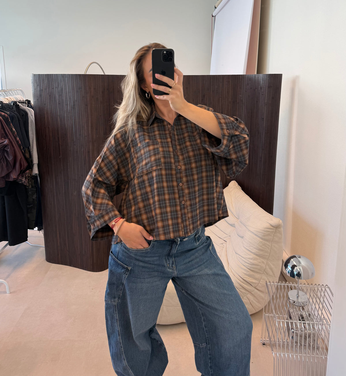 Oversized Blouse Geruit Bruin Blauw