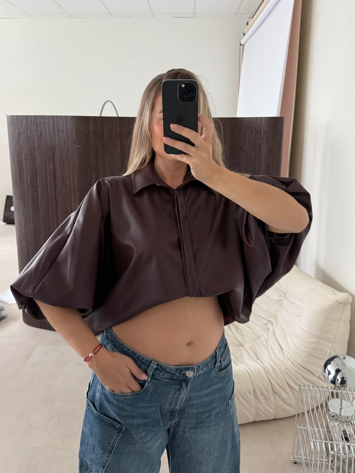 Oversized PU Leather Blouse Burgundy