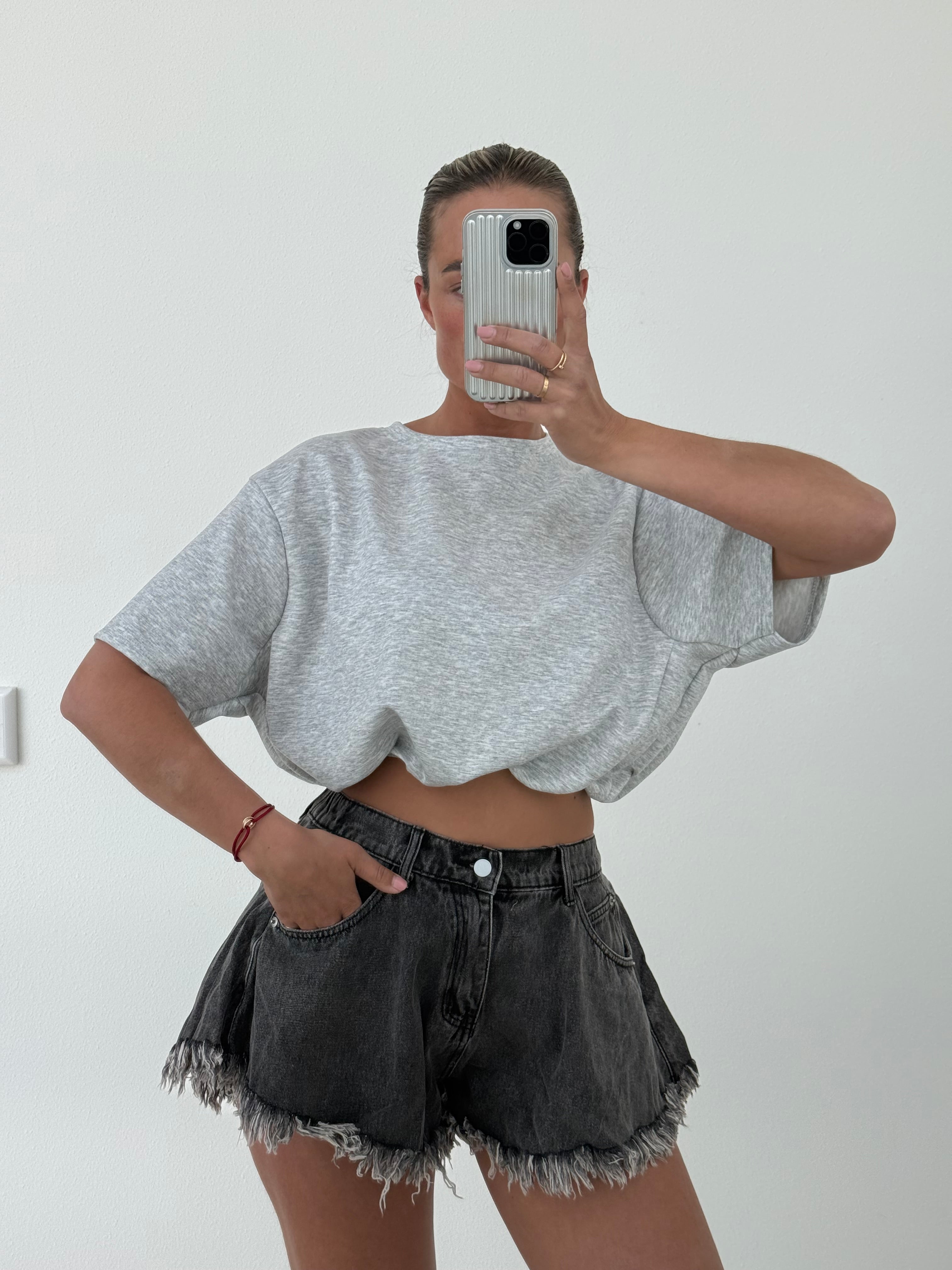 Cropped Stretch T-Shirt Grijs